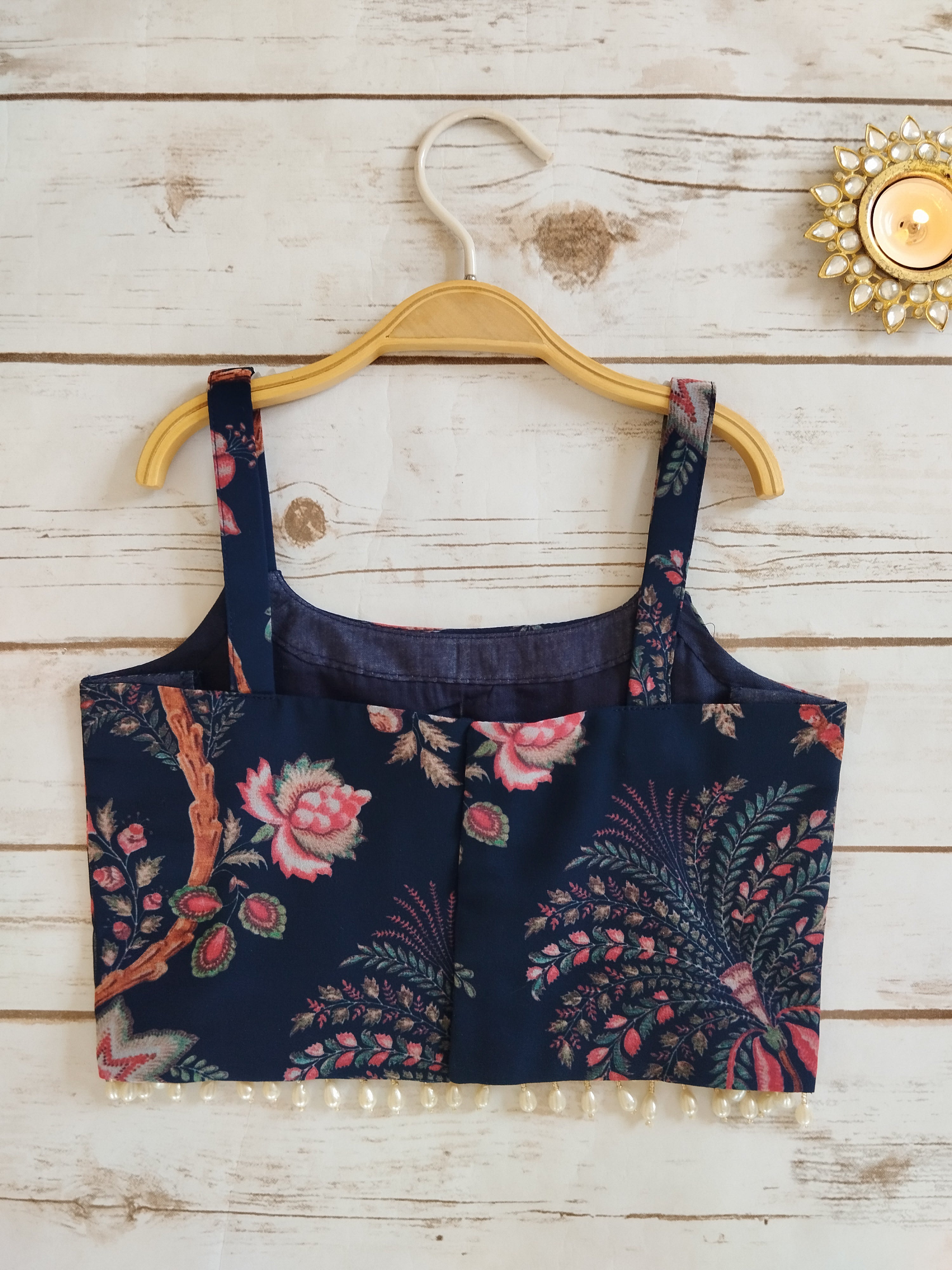 Navy Blue Floral Kids Crop Top & Sharara Set