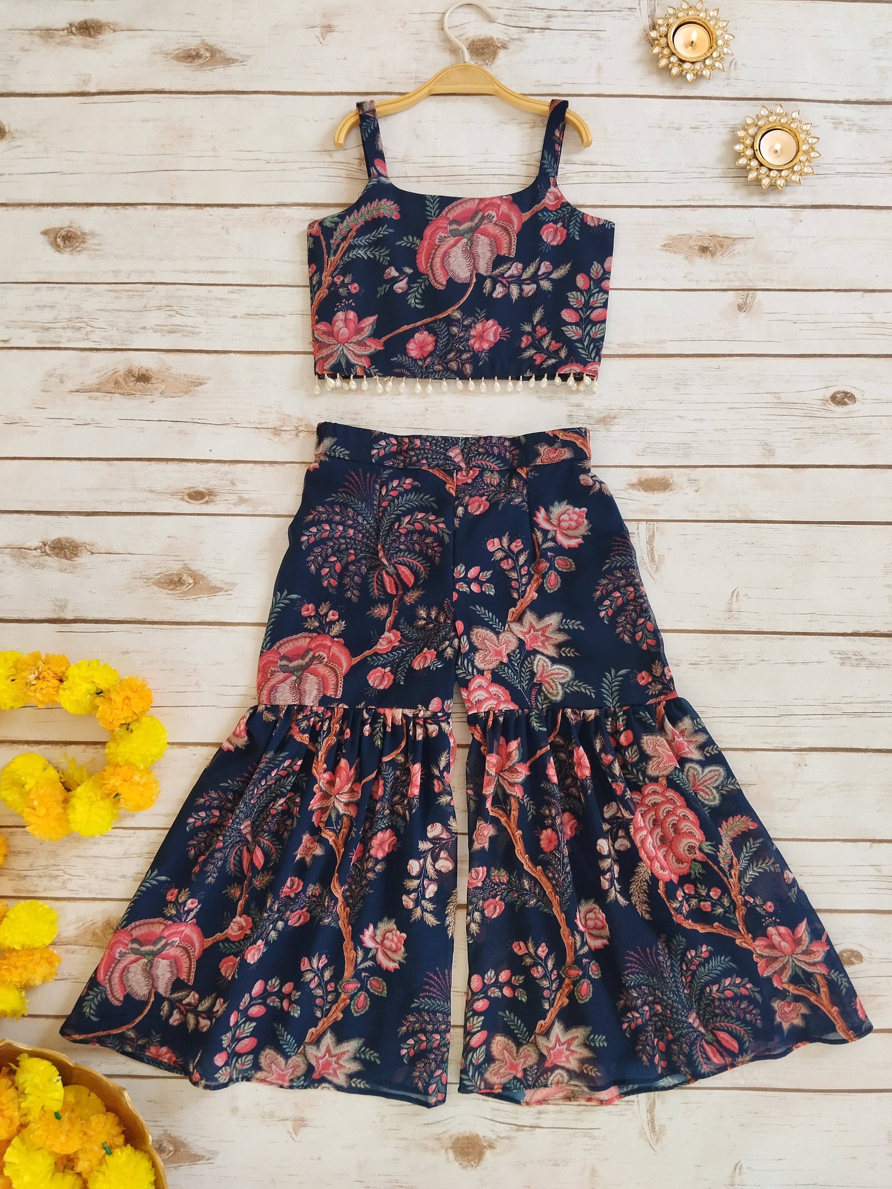 Navy Blue Floral Kids Crop Top & Sharara Set