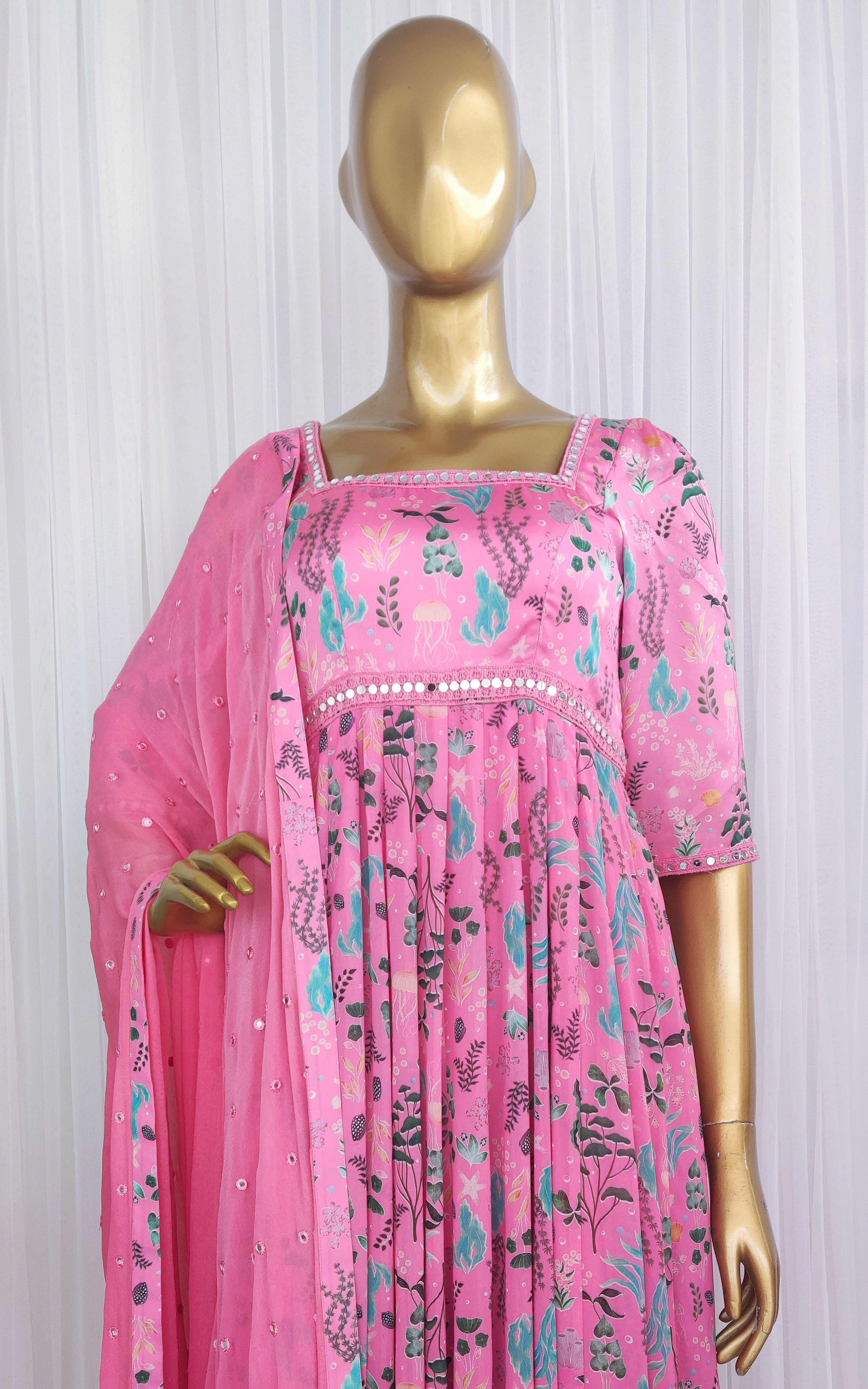 Pink Aquatic Print Georgette Mirrorwork Anarkali