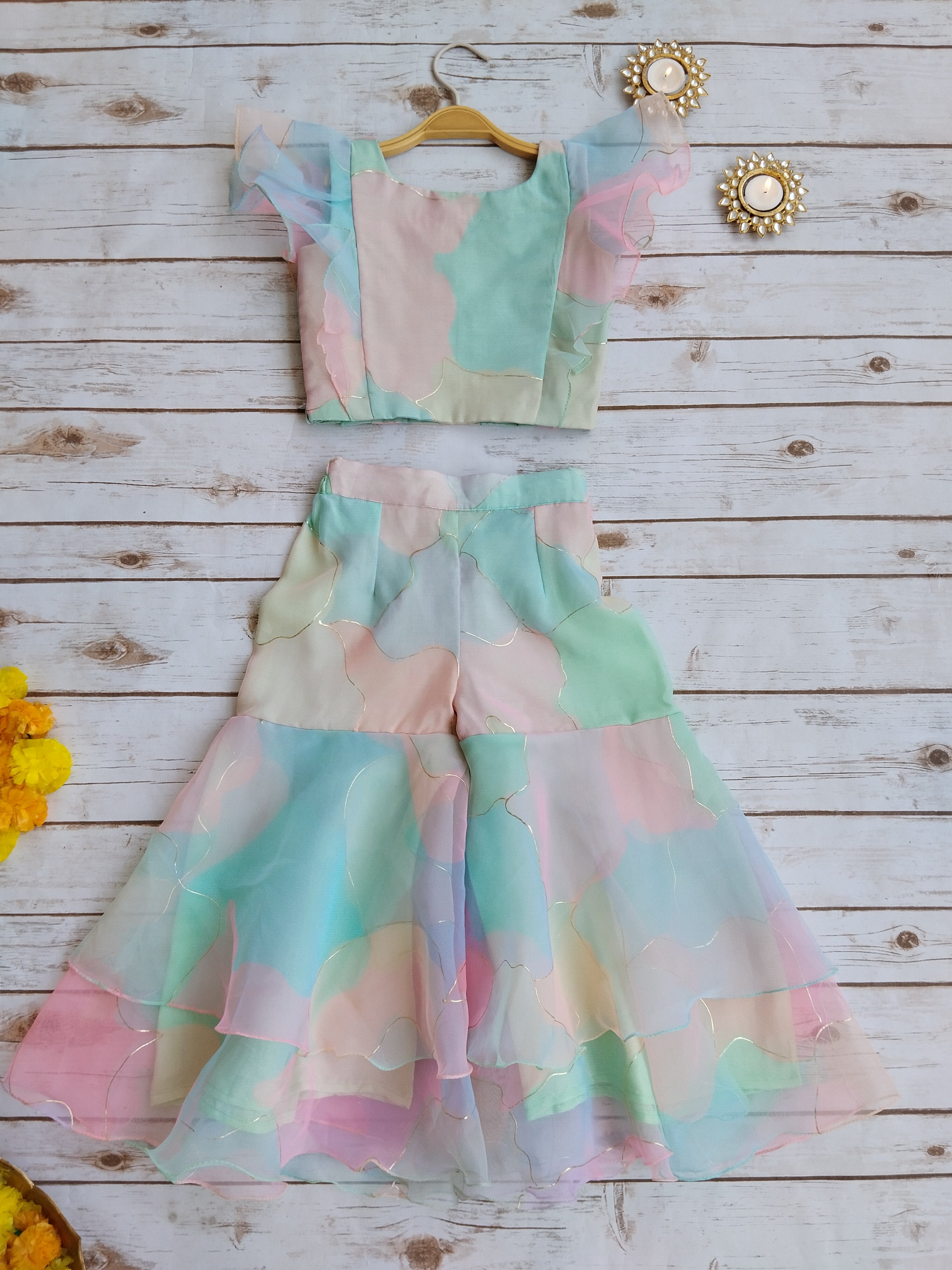 Pastel Dream Organza Crop-Top Kids Sharara Set