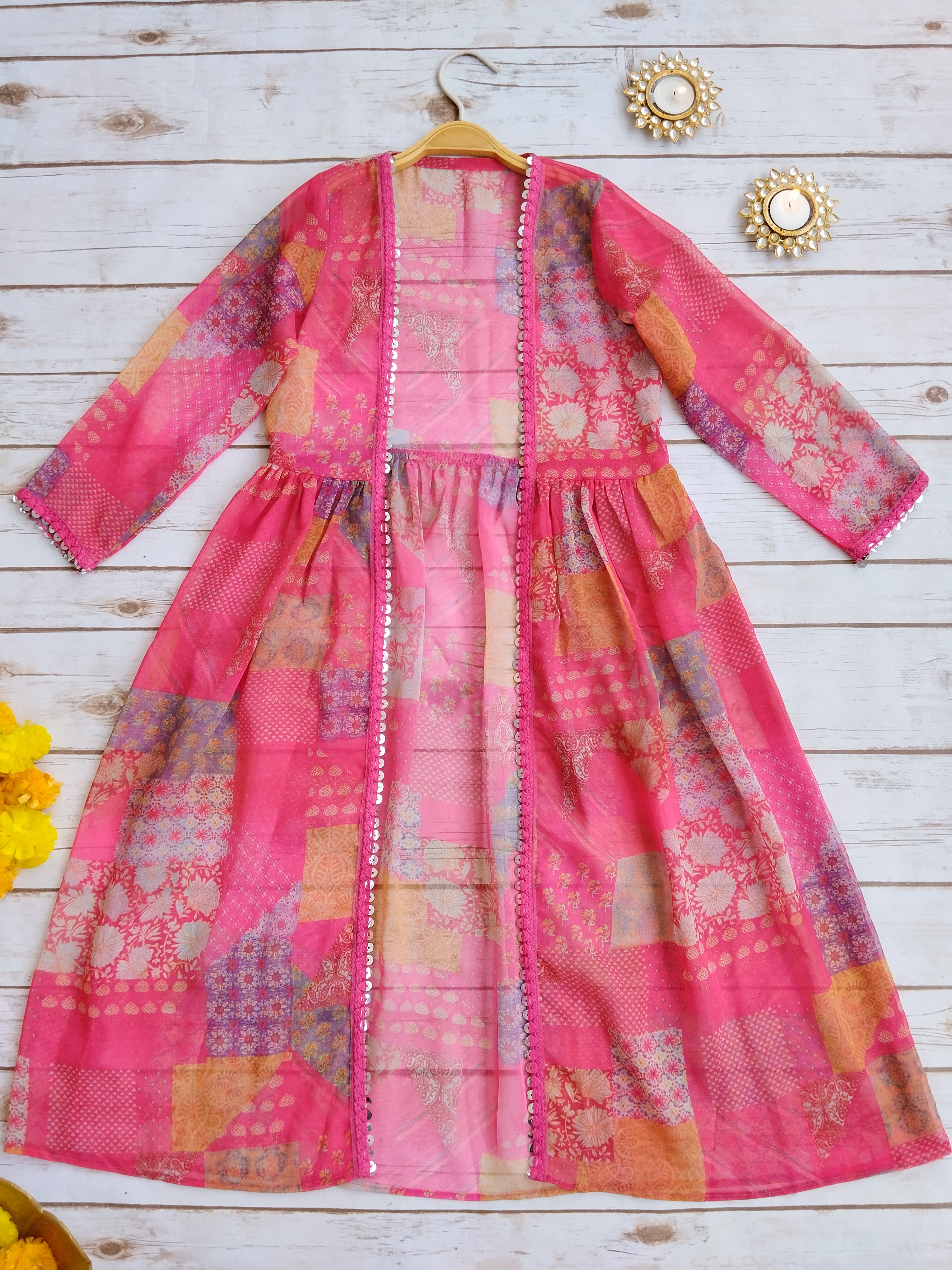 Hot Pink Mirrorwork Crop Top Sharara Set For Kid's