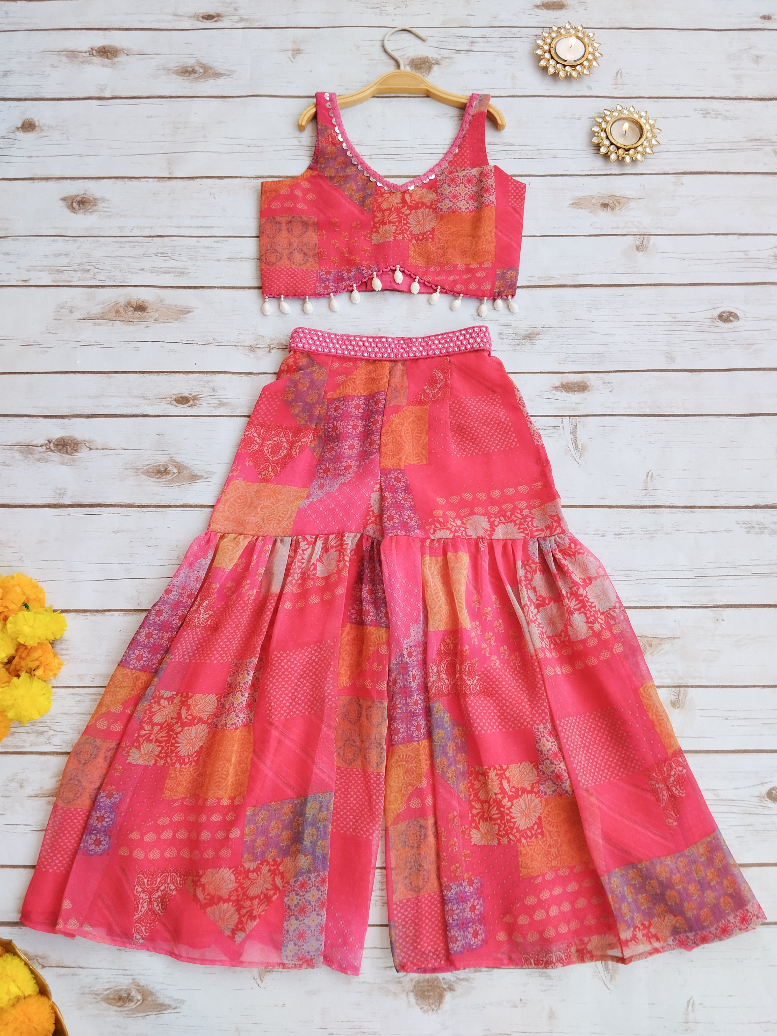 Hot Pink Mirrorwork Crop Top Sharara Set For Kid's