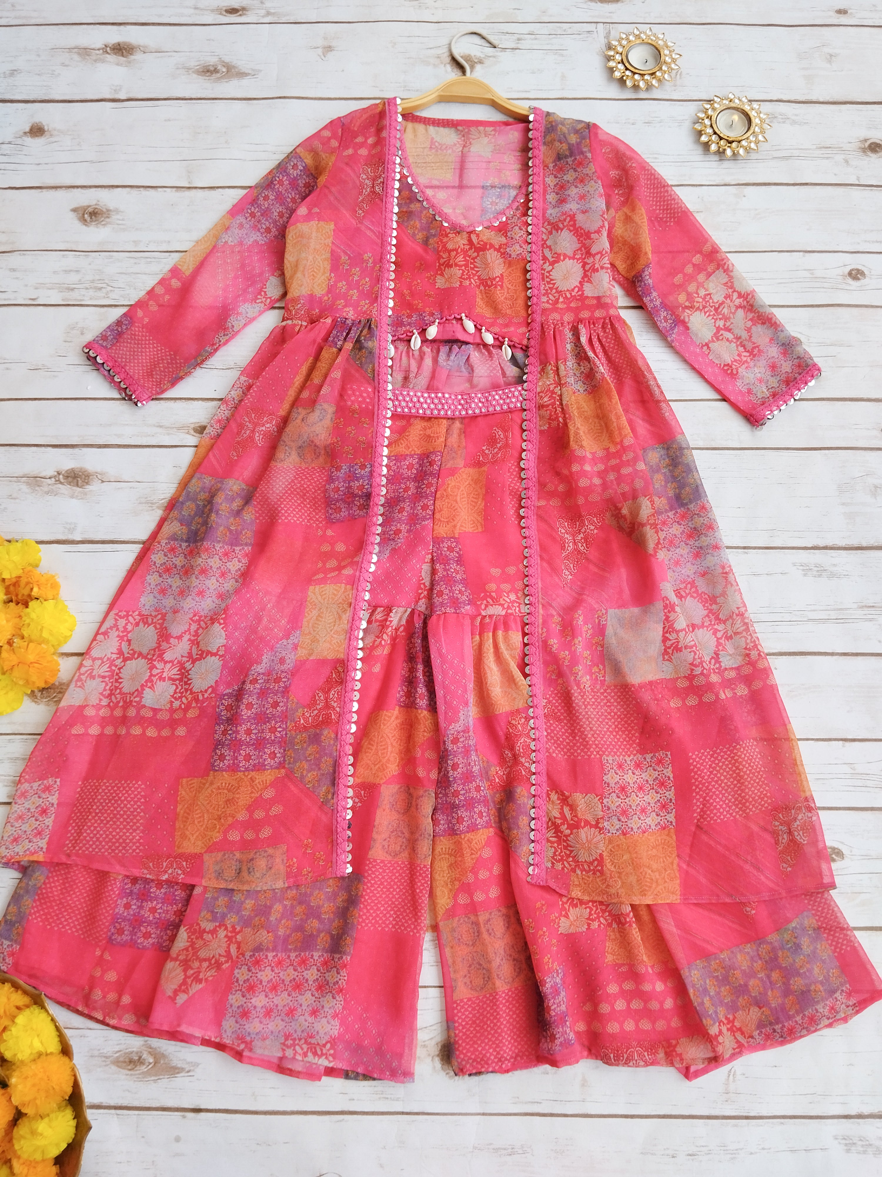 Hot Pink Mirrorwork Crop Top Sharara Set For Kid's