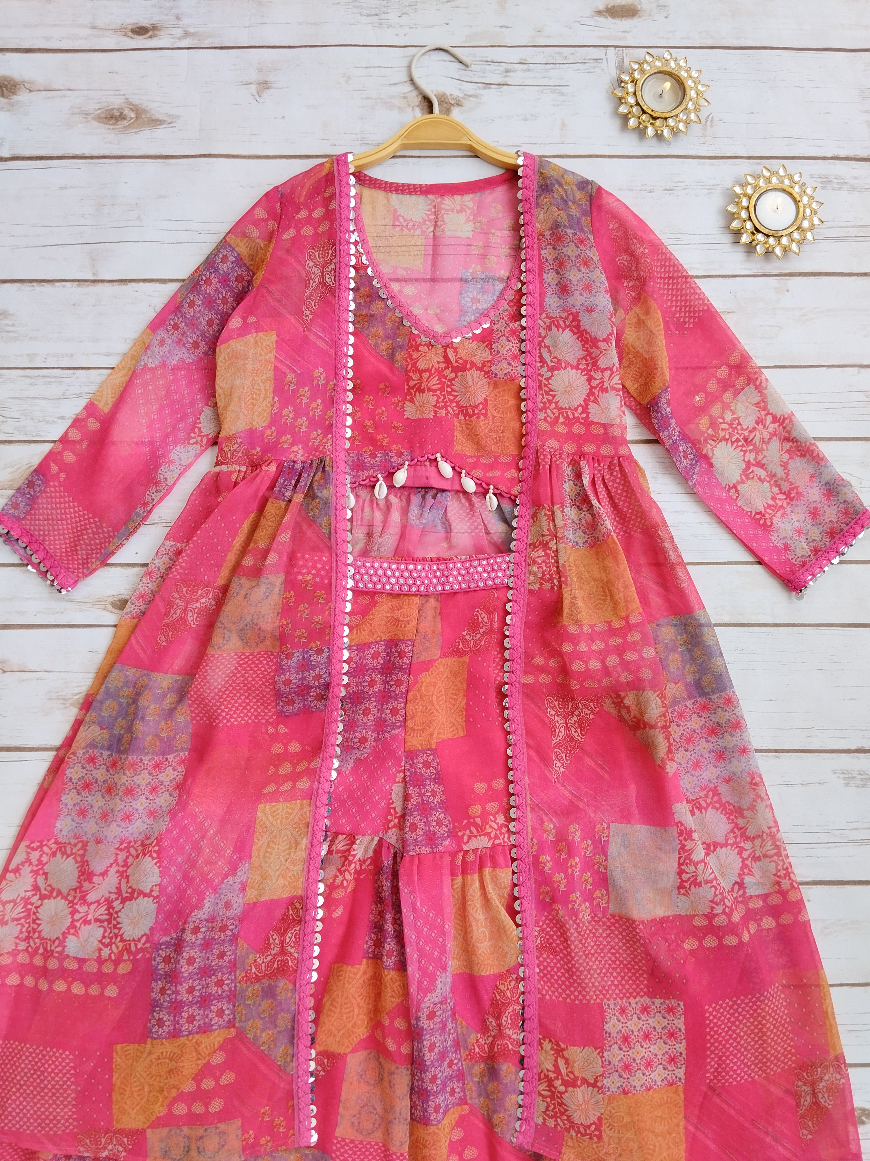 Hot Pink Mirrorwork Crop Top Sharara Set For Kid's
