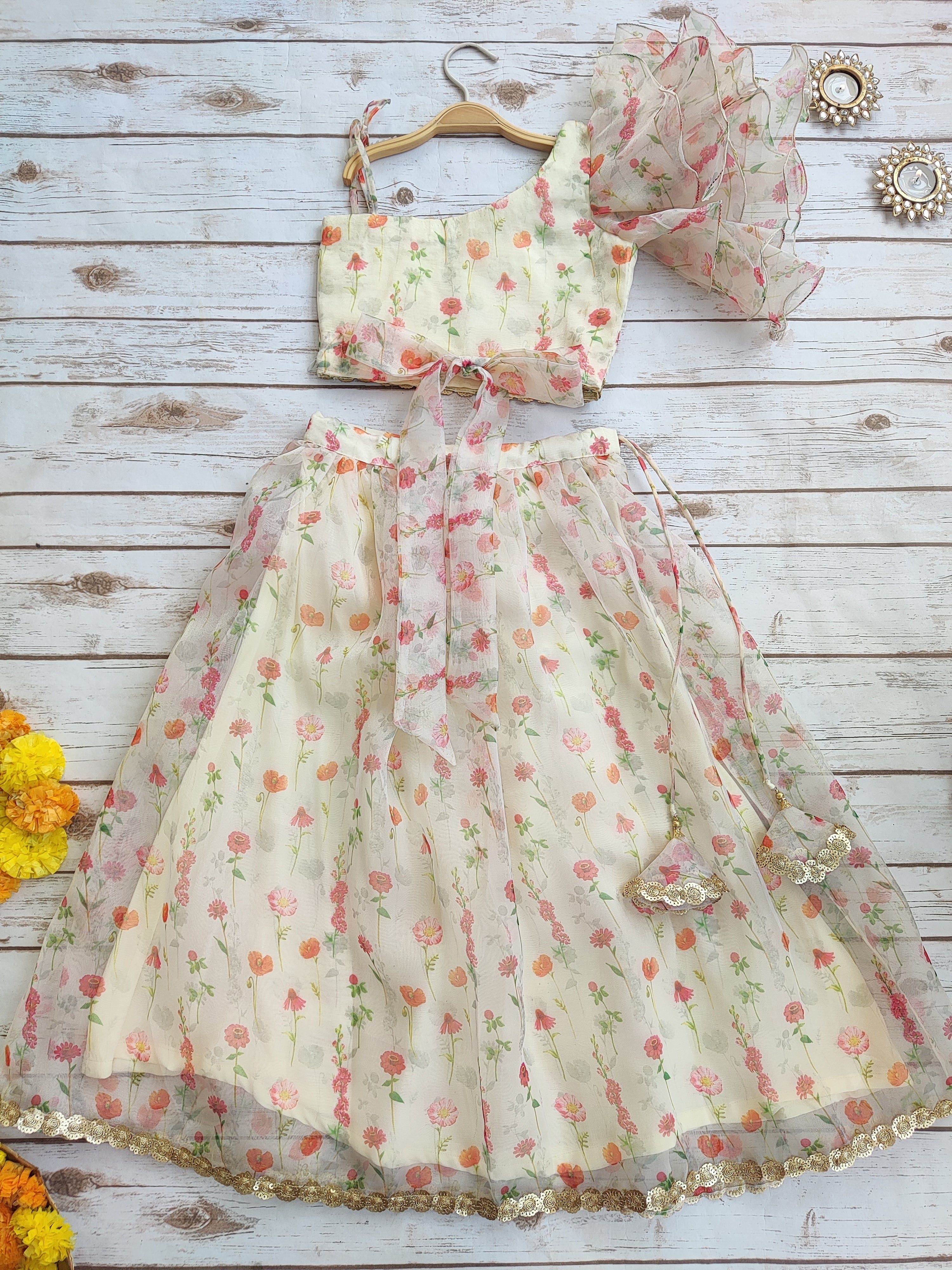 Meadow Rose Print Organza Kid's Lehenga