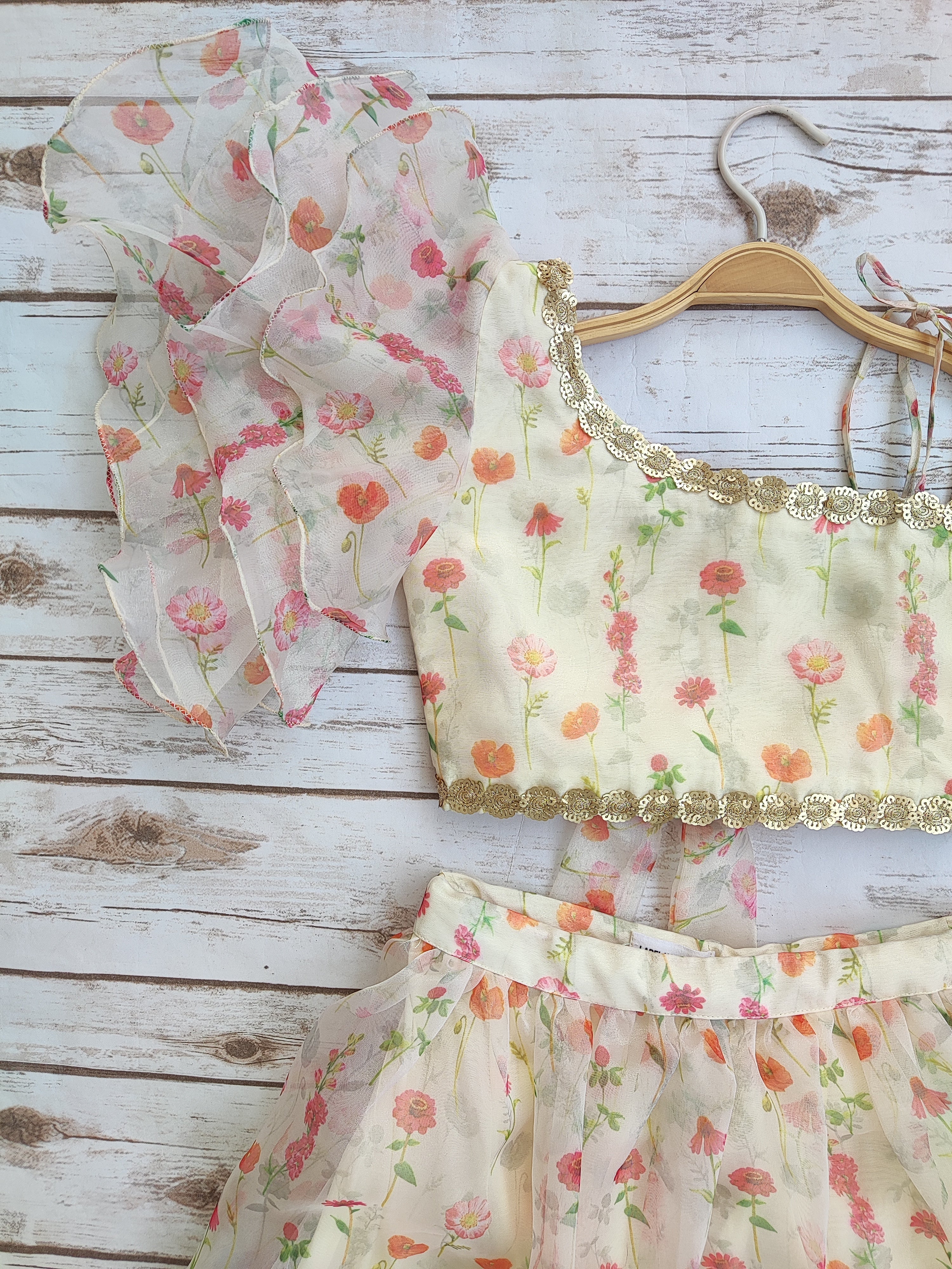 Meadow Rose Print Organza Kid's Lehenga