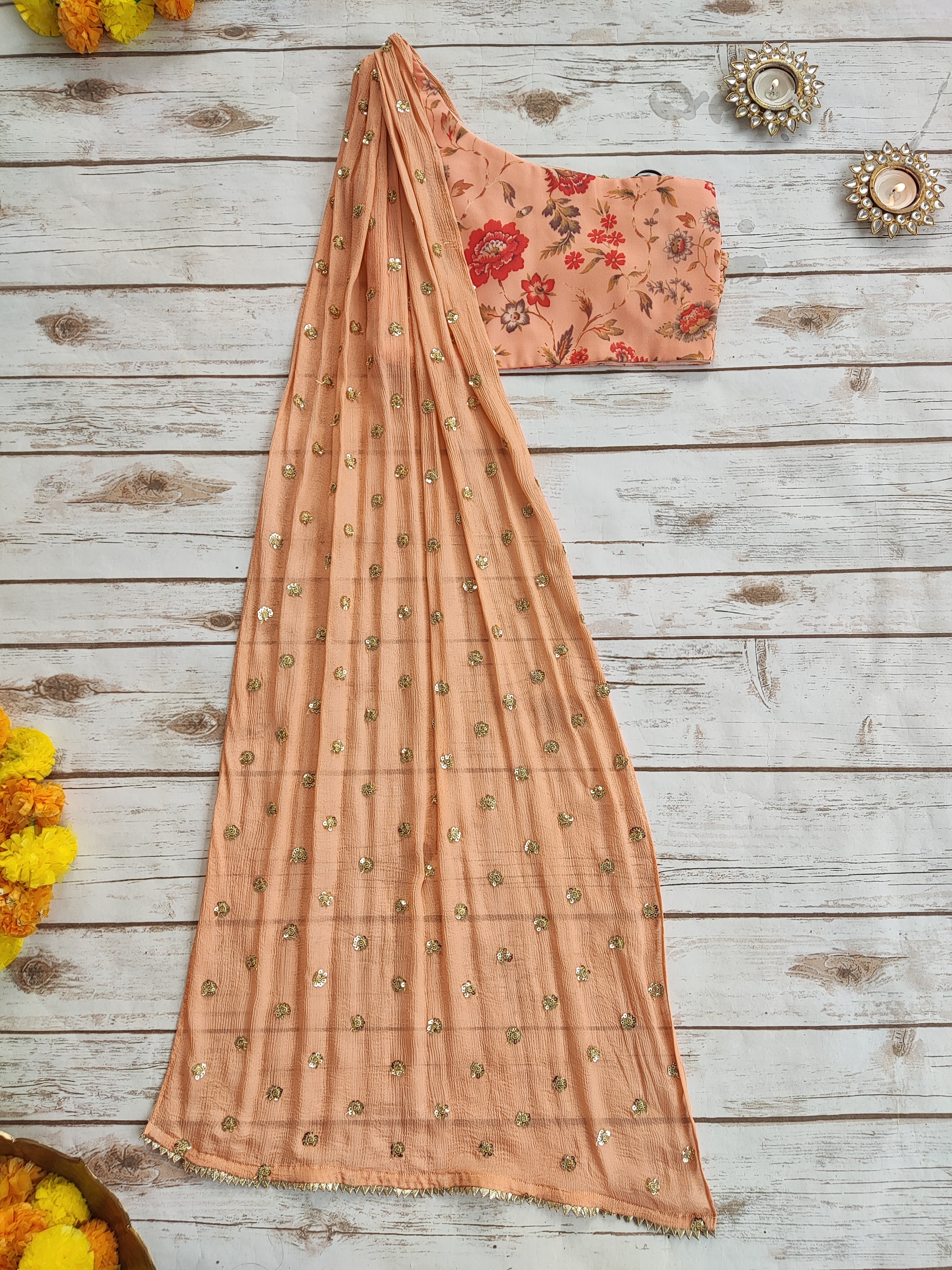 Peach Floral Georgette Kid's Lehenga With One-Shoulder Blouse