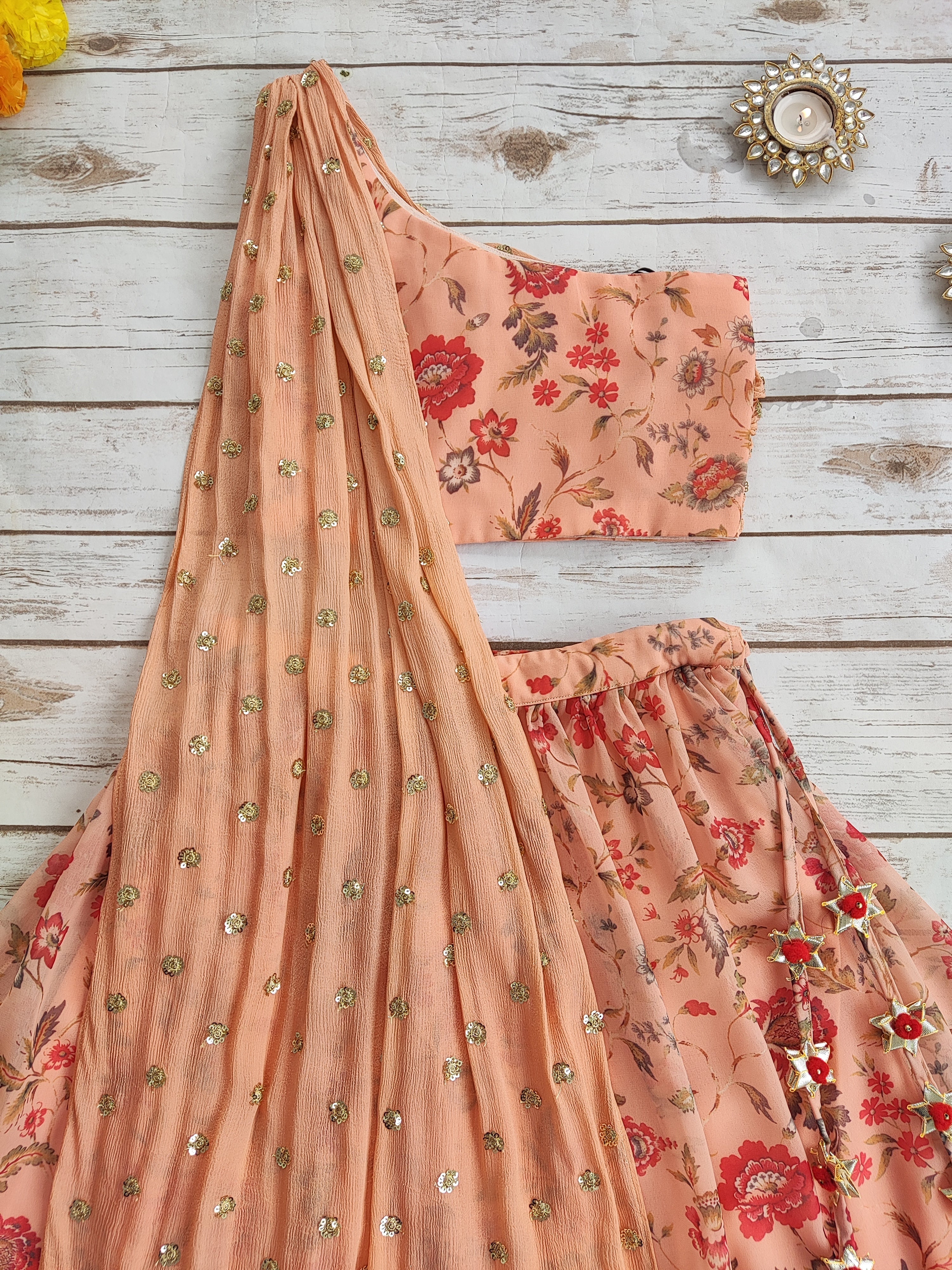 Peach Floral Georgette Kid's Lehenga With One-Shoulder Blouse