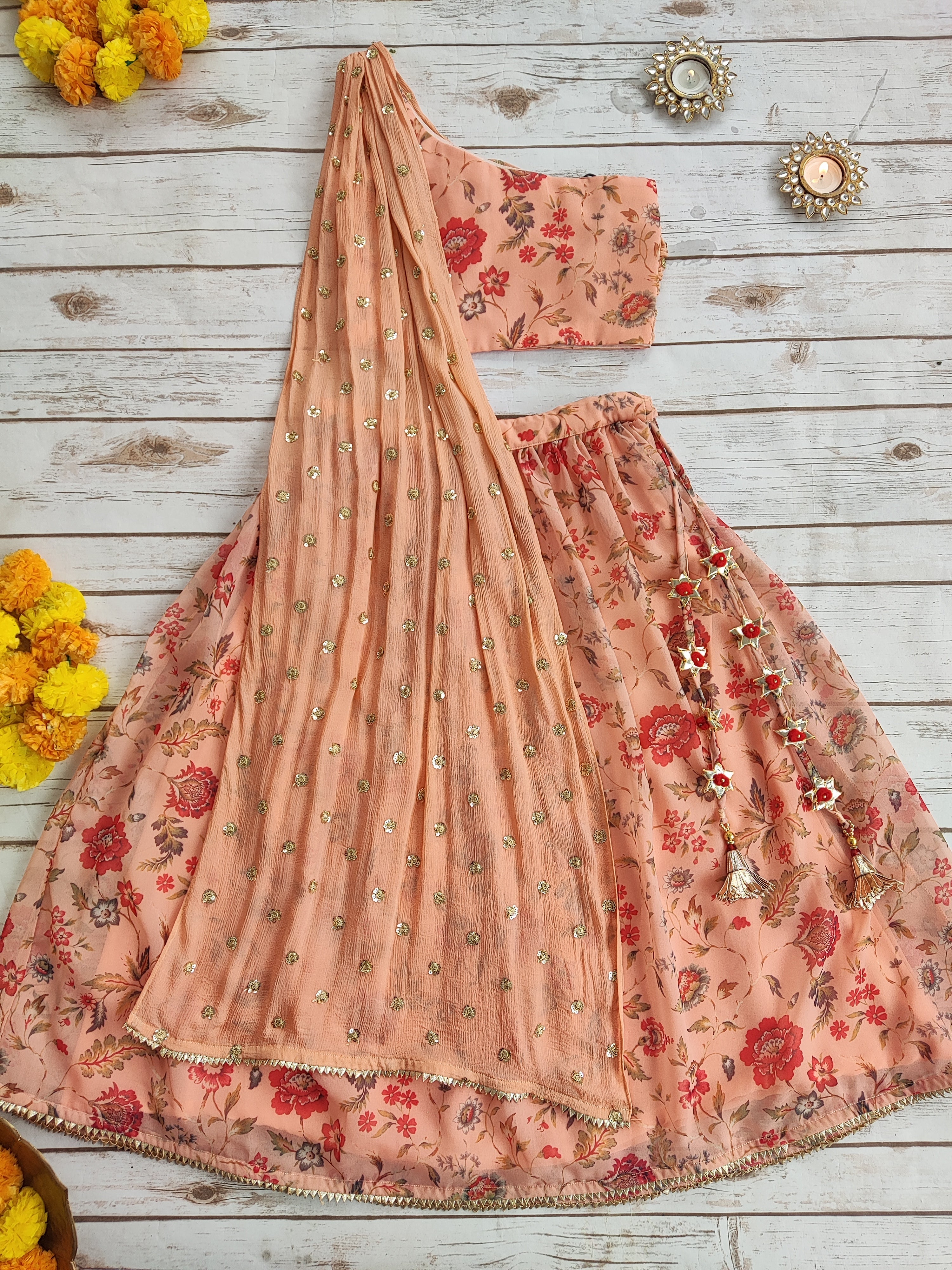 Peach Floral Georgette Kid's Lehenga With One-Shoulder Blouse