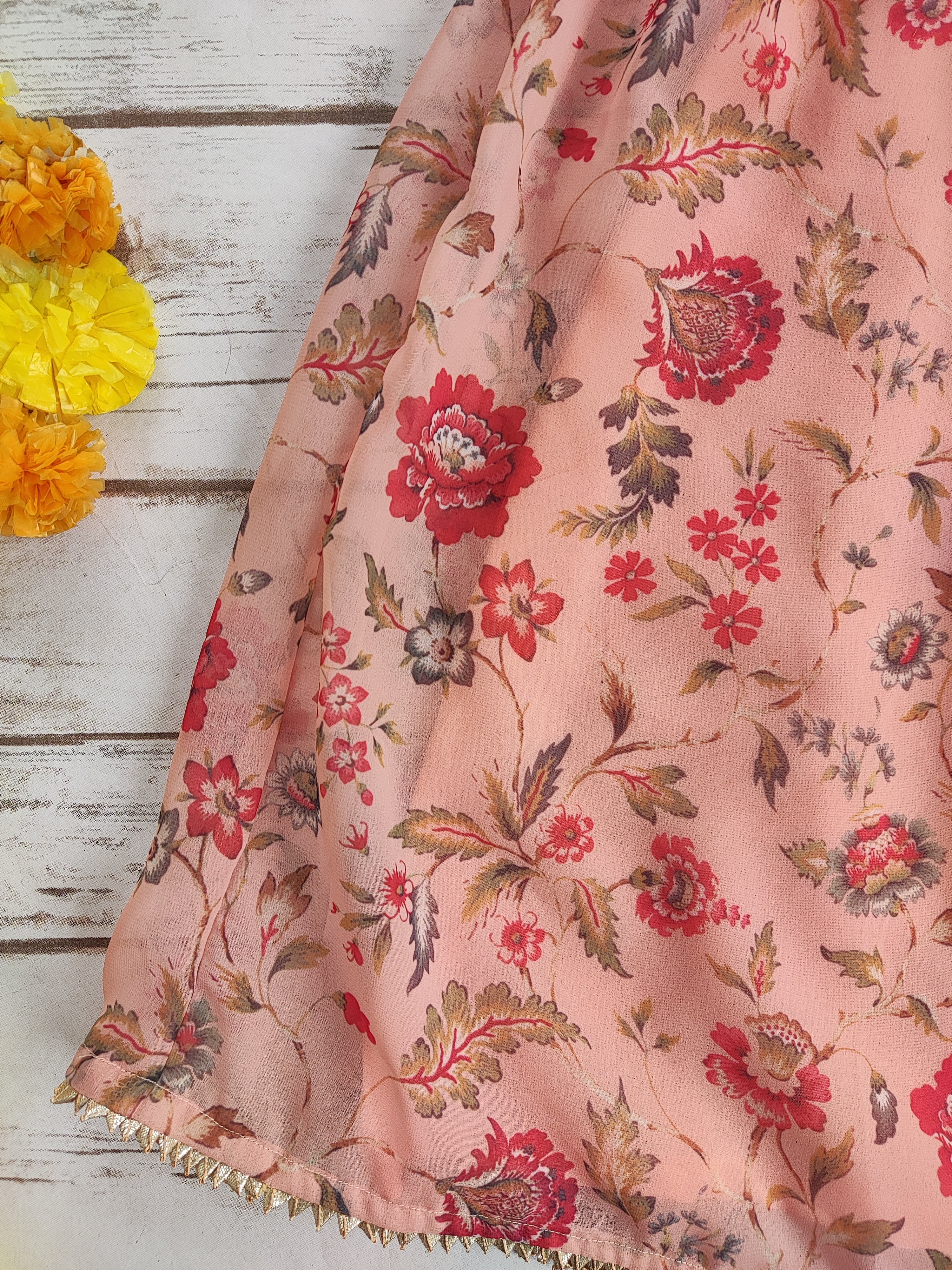 Peach Floral Georgette Kid's Lehenga With One-Shoulder Blouse