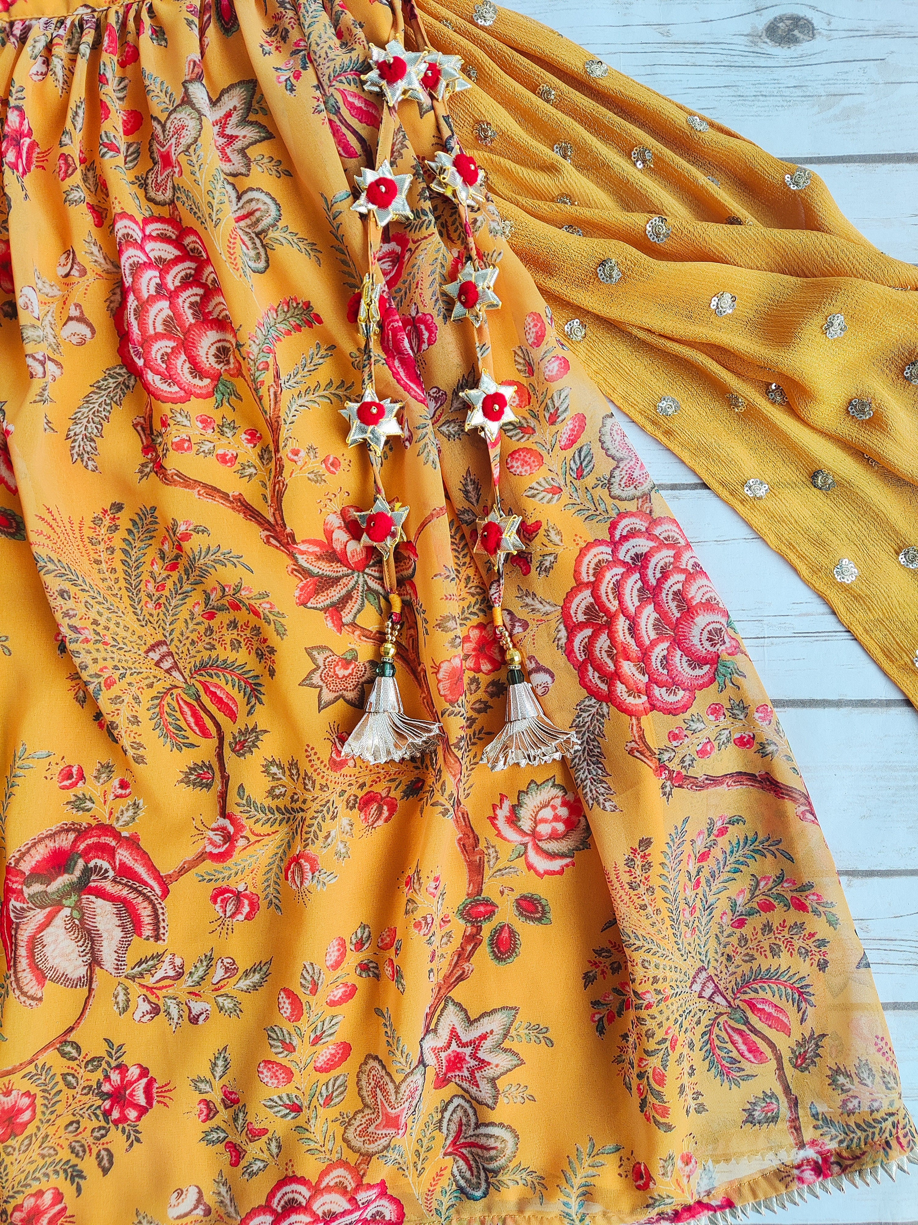 Mustard Floral Georgette Print Kid's Lehenga With One-Shoulder Blouse