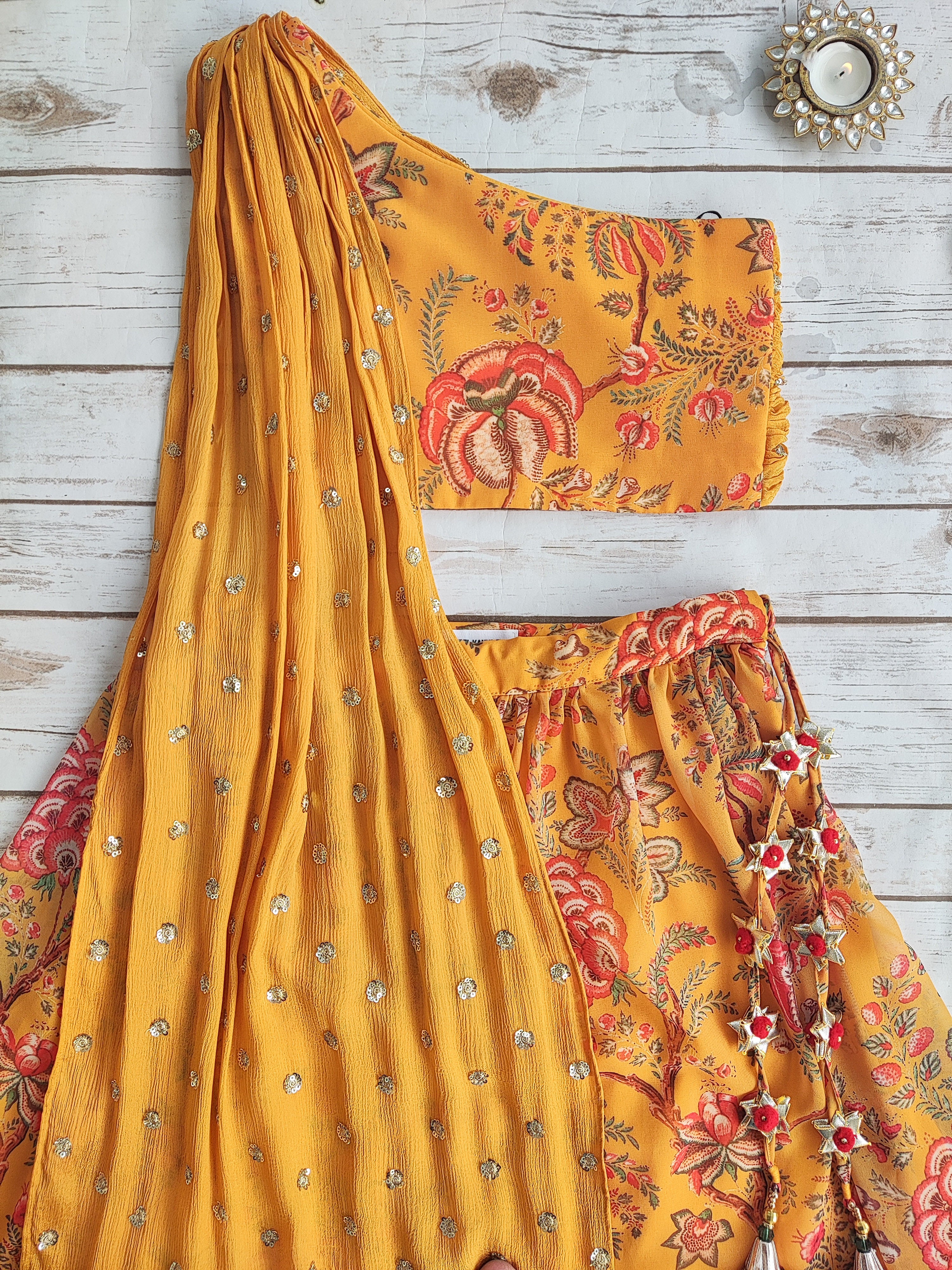 Mustard Floral Georgette Print Kid's Lehenga With One-Shoulder Blouse