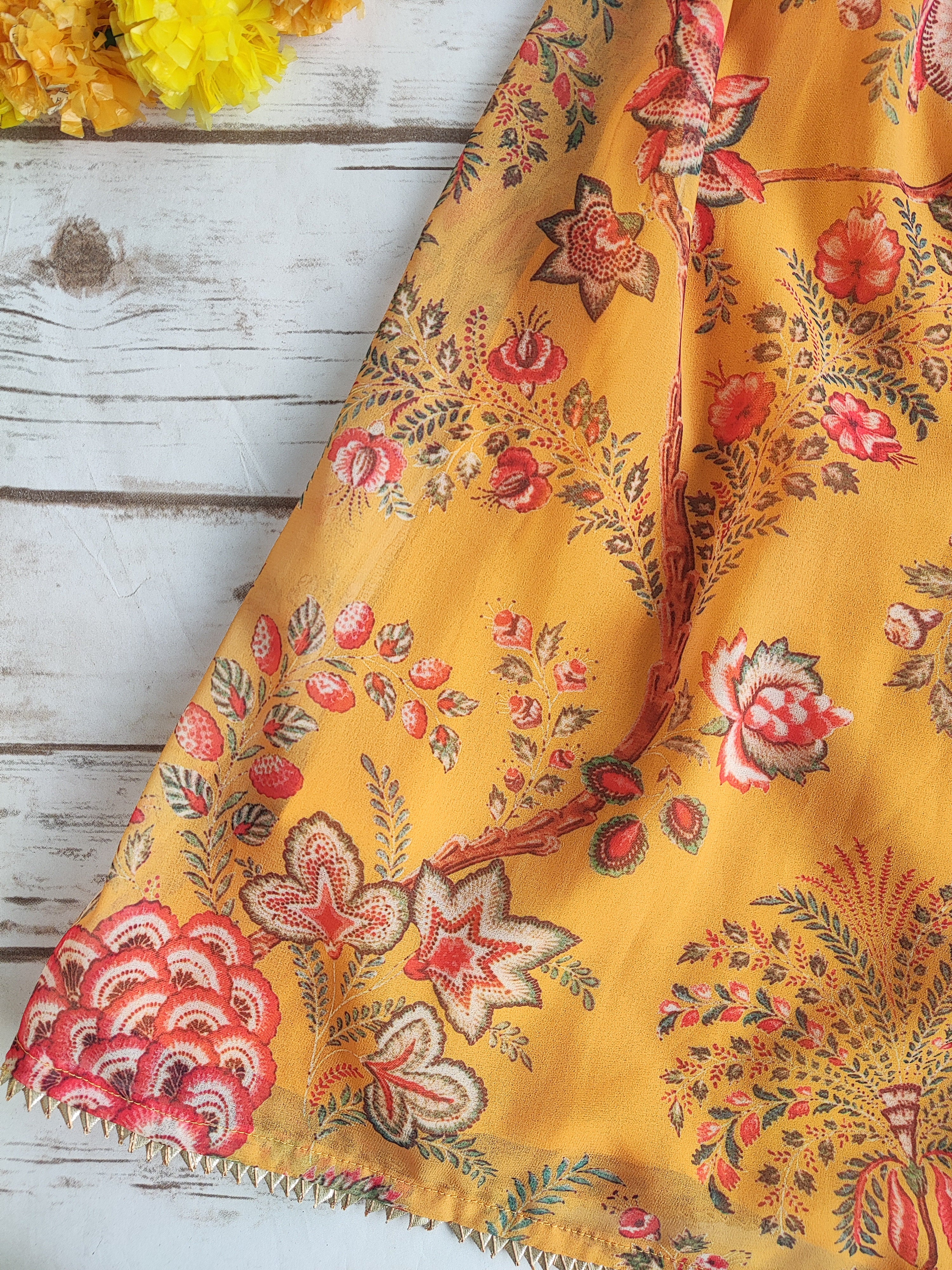 Mustard Floral Georgette Print Kid's Lehenga With One-Shoulder Blouse