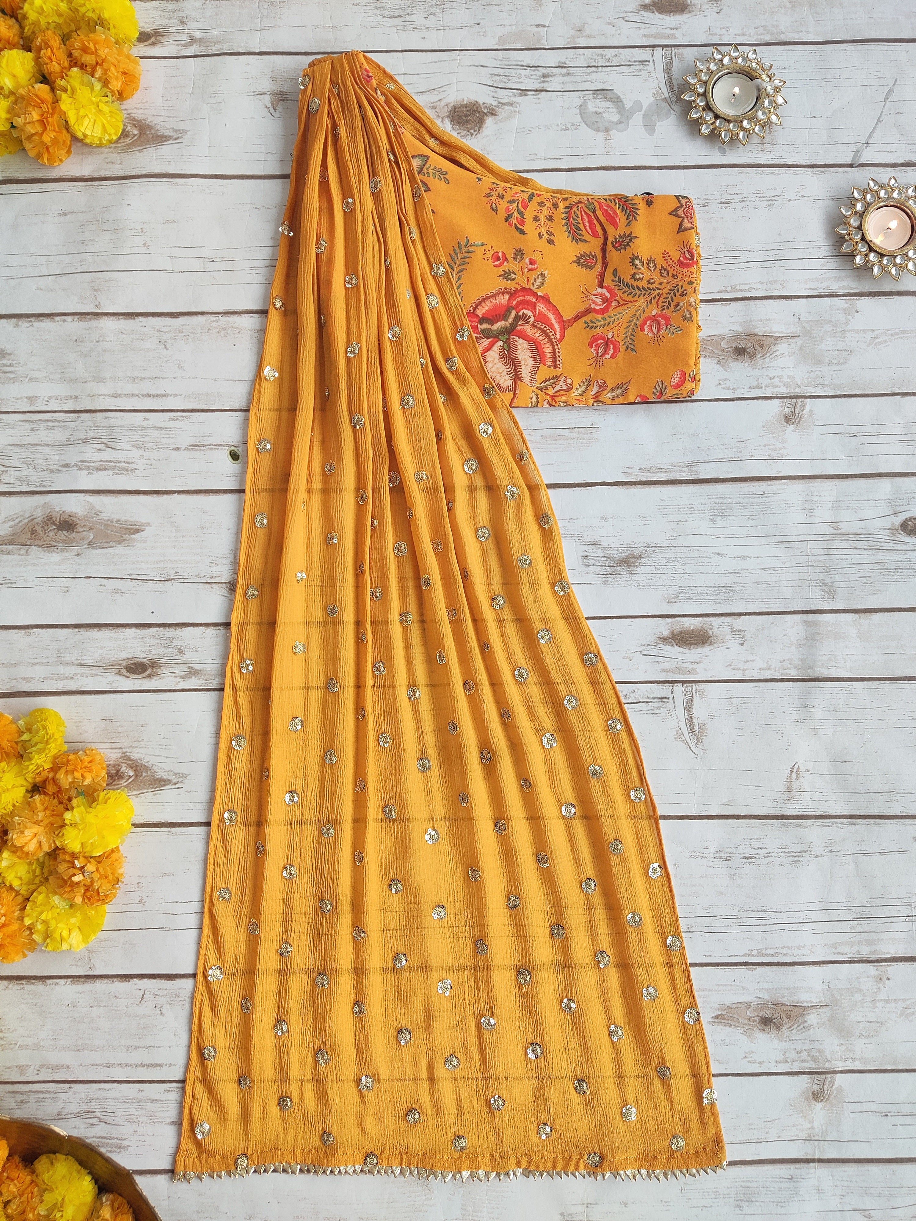 Mustard Floral Georgette Print Kid's Lehenga With One-Shoulder Blouse