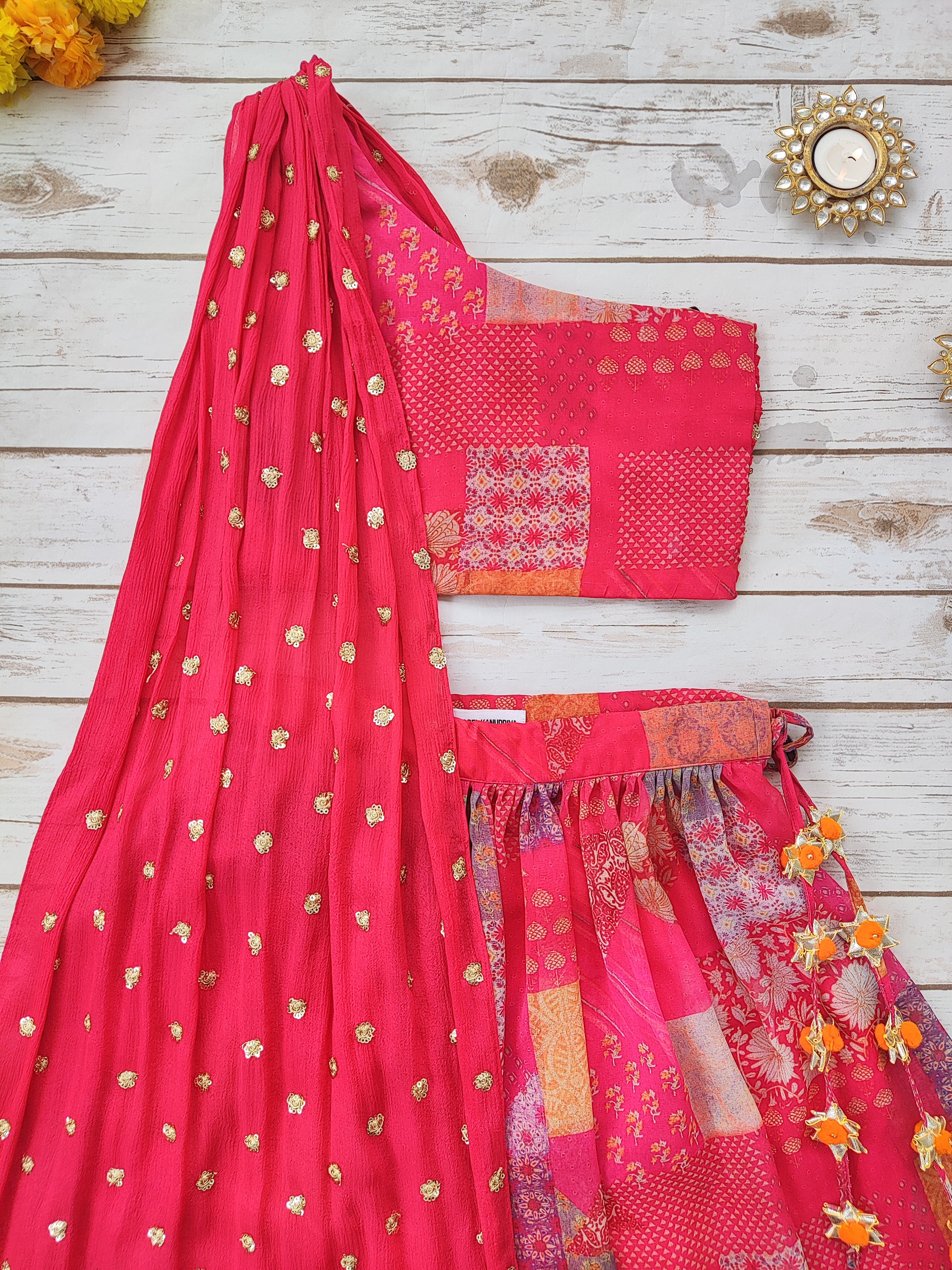 Hot Pink Georgette Kid's Lehenga With One-Shoulder Blouse