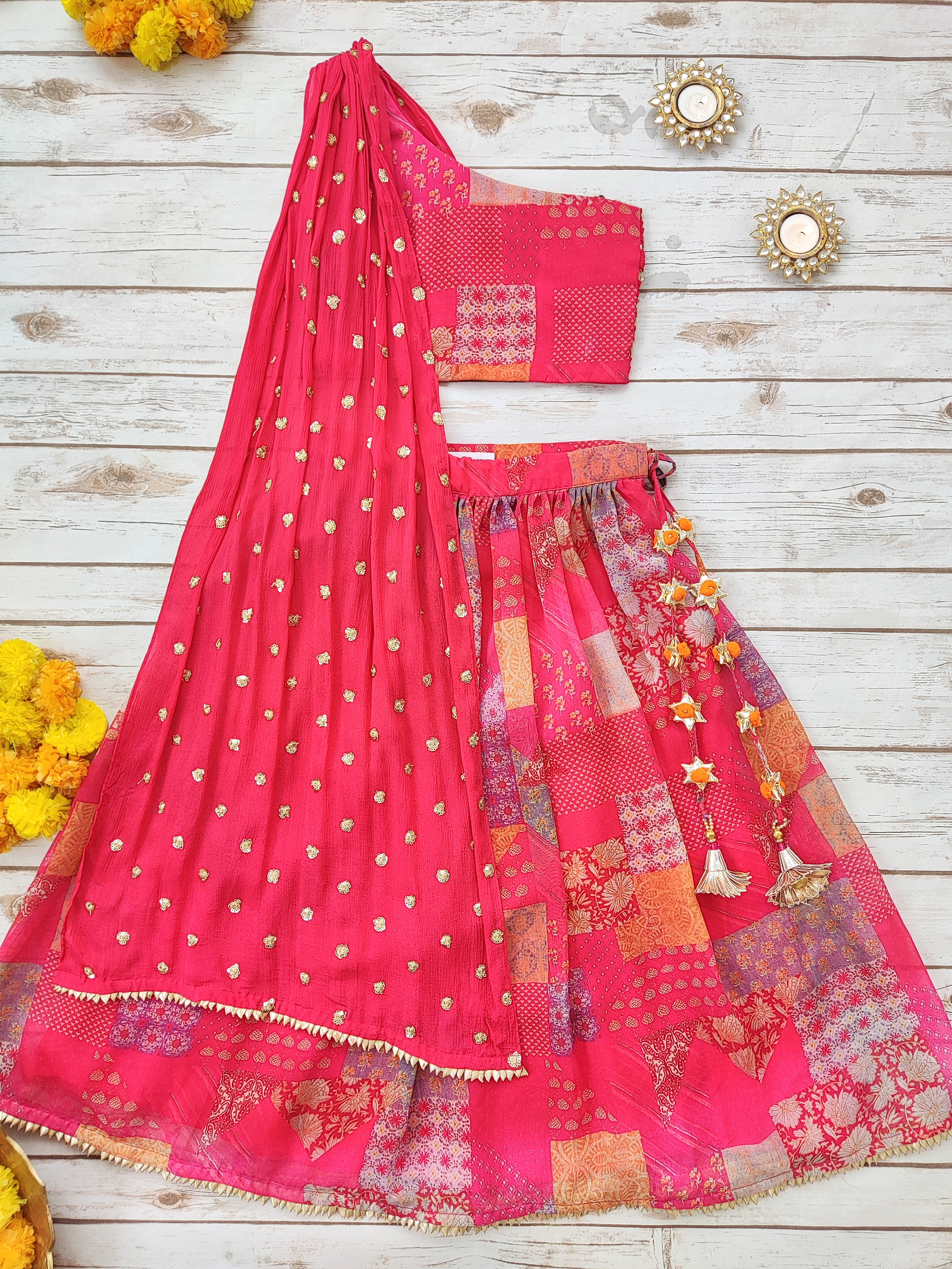 Hot Pink Georgette Kid's Lehenga With One-Shoulder Blouse