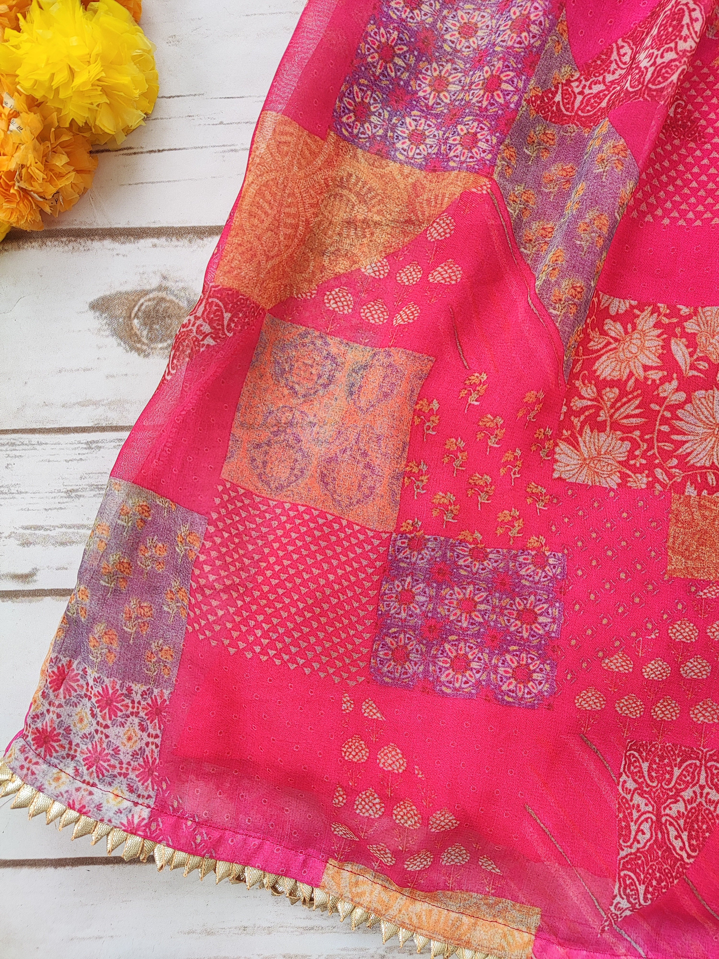 Hot Pink Georgette Kid's Lehenga With One-Shoulder Blouse