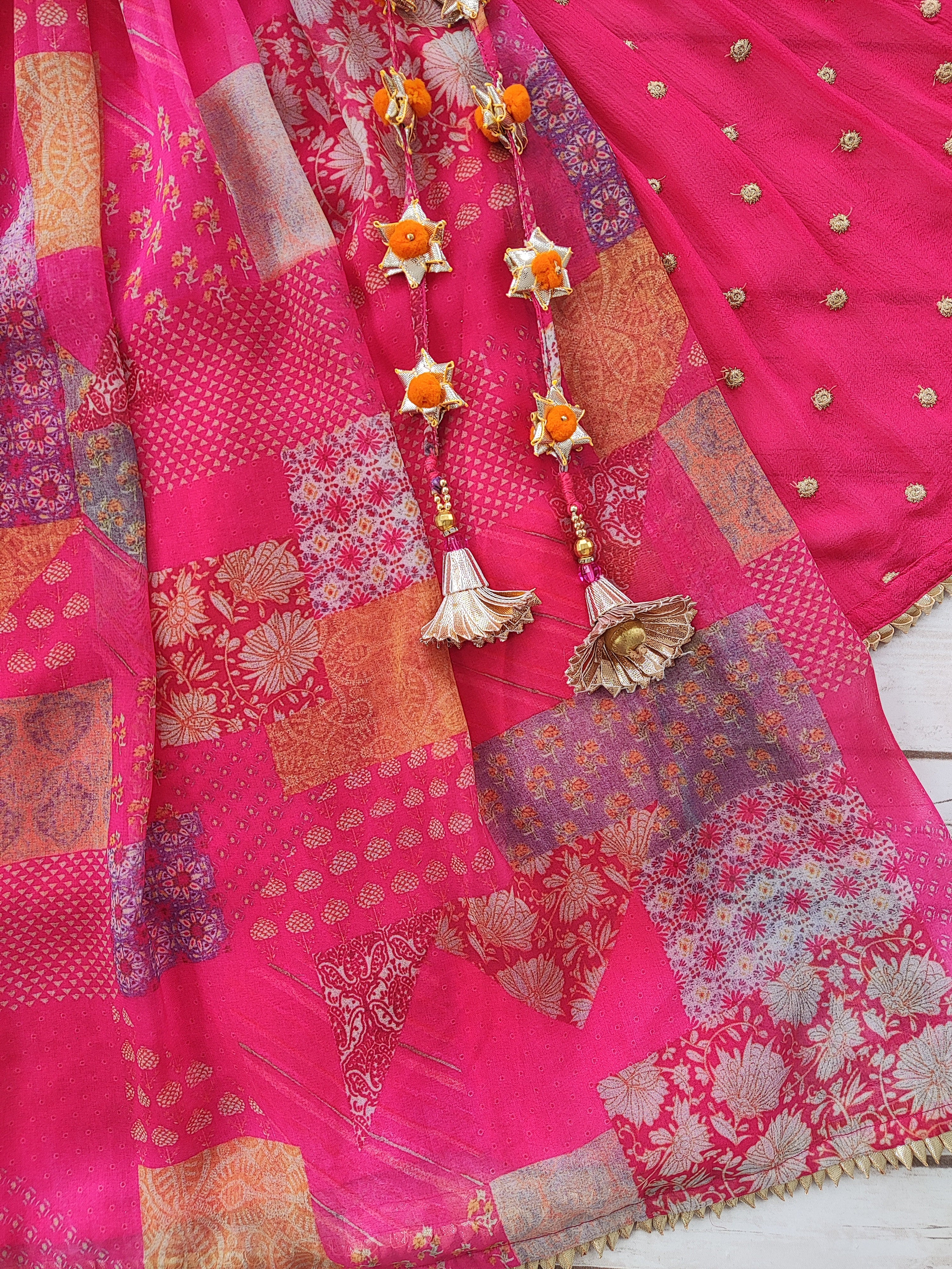 Hot Pink Georgette Kid's Lehenga With One-Shoulder Blouse