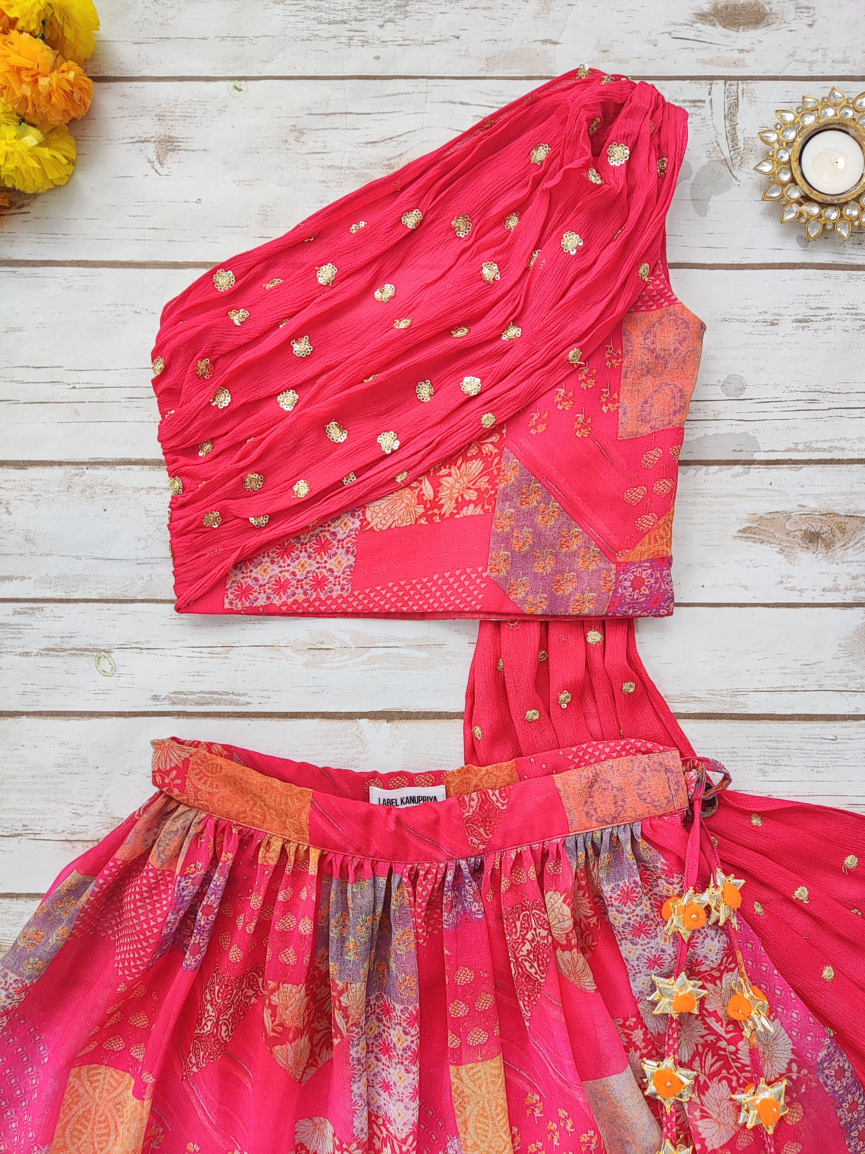 Hot Pink Georgette Kid's Lehenga With One-Shoulder Blouse