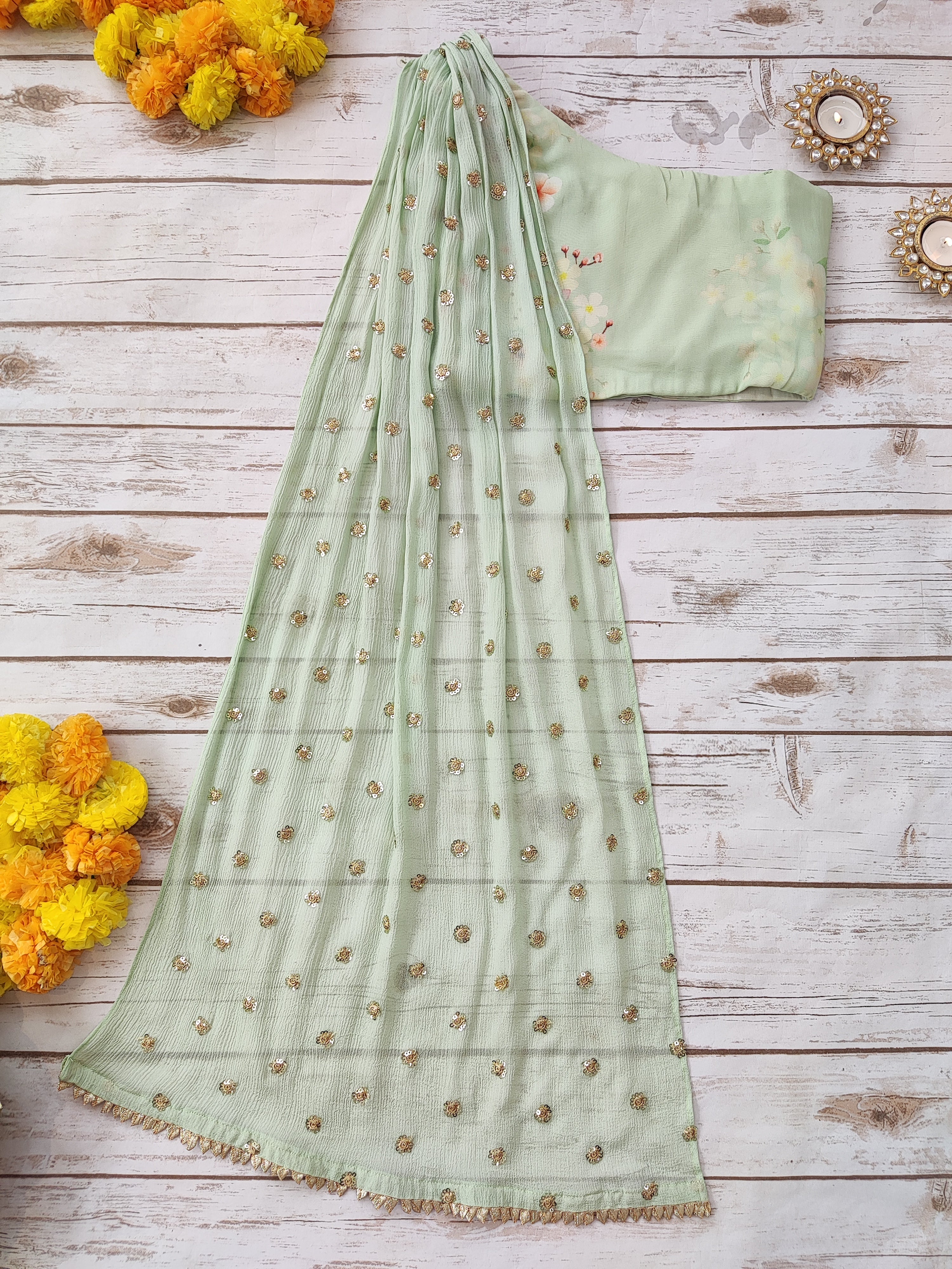 Light Green Floral Georgette Print Kid's Lehenga With One-Shoulder Blouse