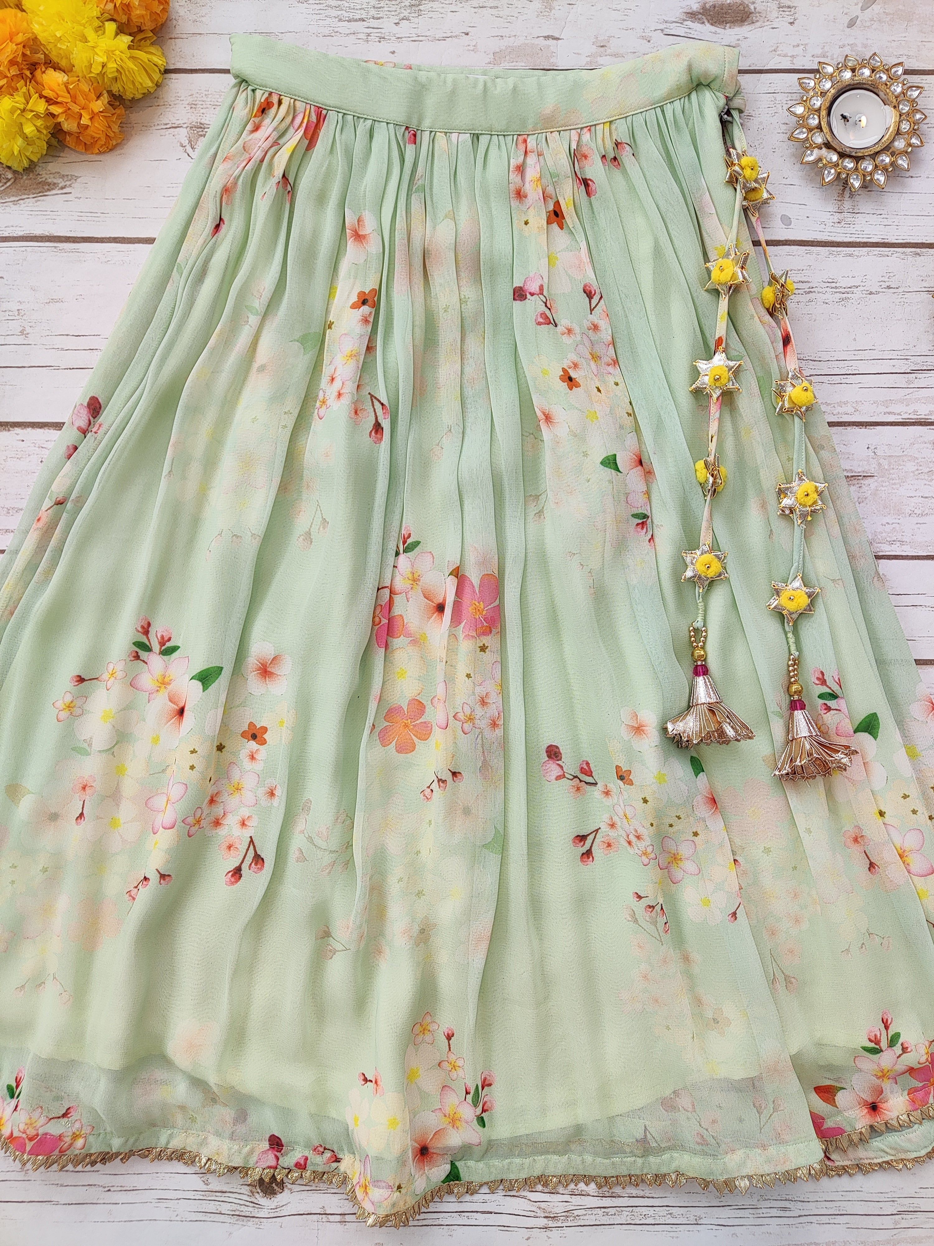 Light Green Floral Georgette Print Kid's Lehenga With One-Shoulder Blouse
