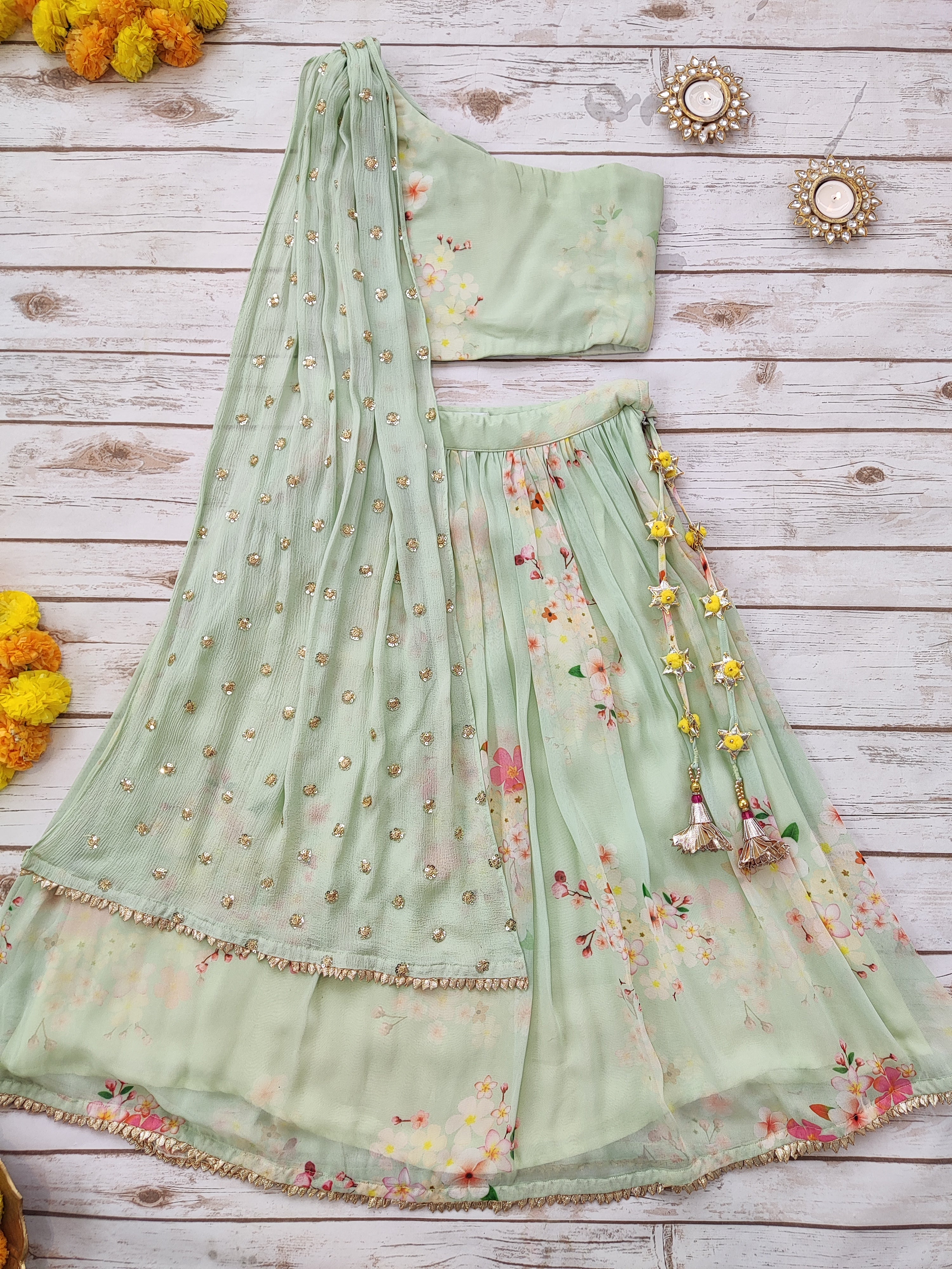 Light Green Floral Georgette Print Kid's Lehenga With One-Shoulder Blouse