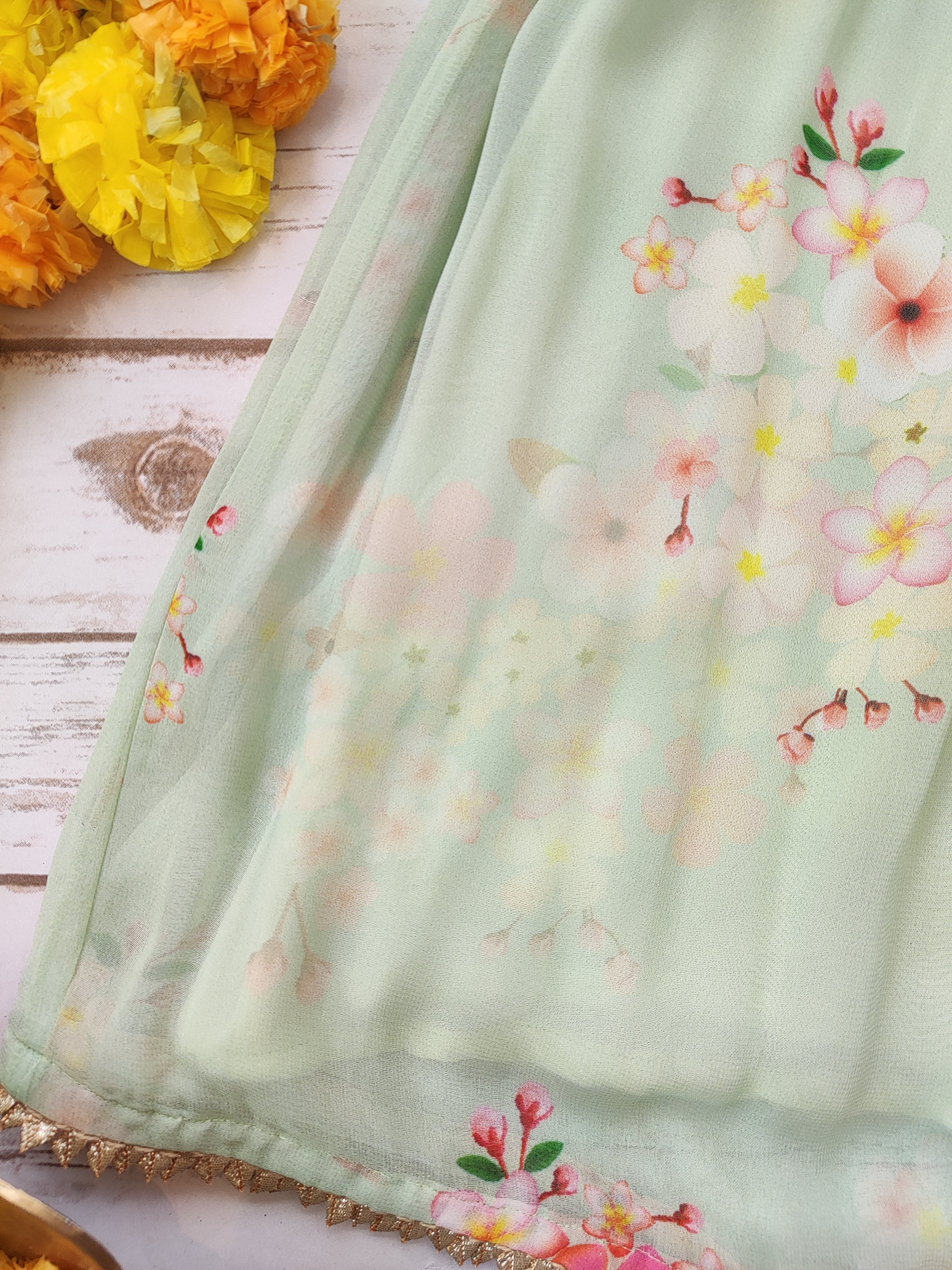 Light Green Floral Georgette Print Kid's Lehenga With One-Shoulder Blouse
