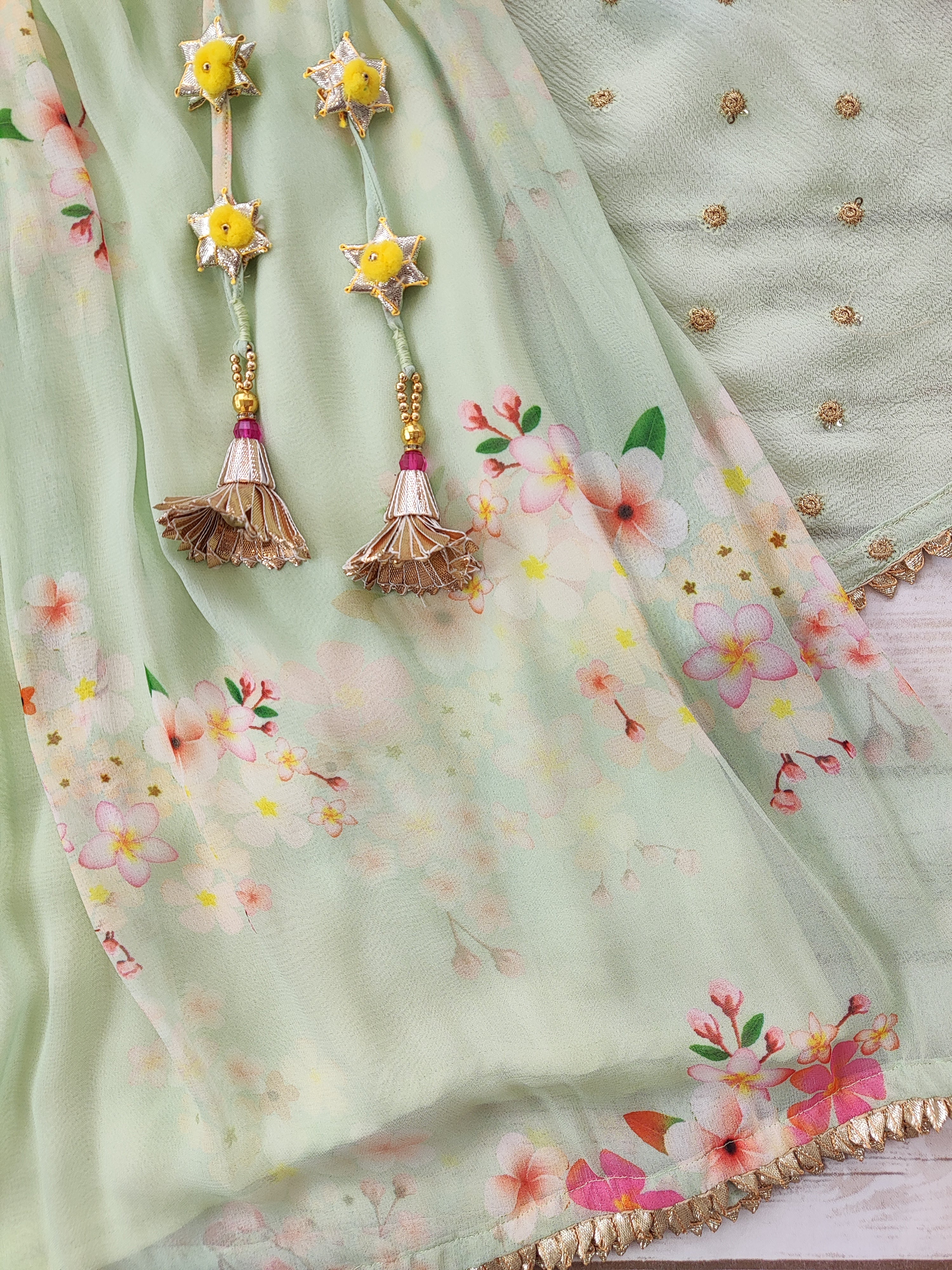 Light Green Floral Georgette Print Kid's Lehenga With One-Shoulder Blouse