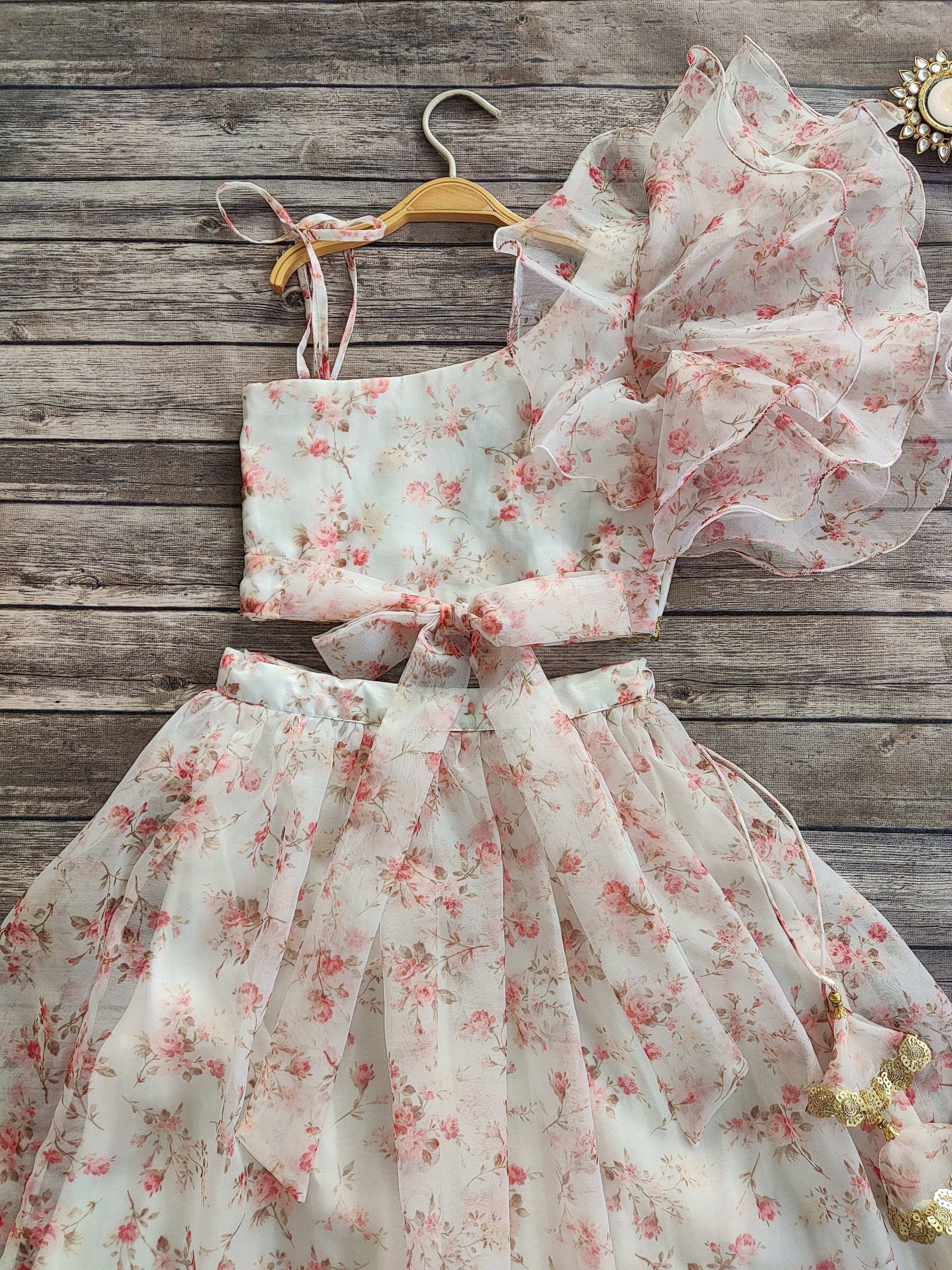 White Floral Organza Kid's Lehenga