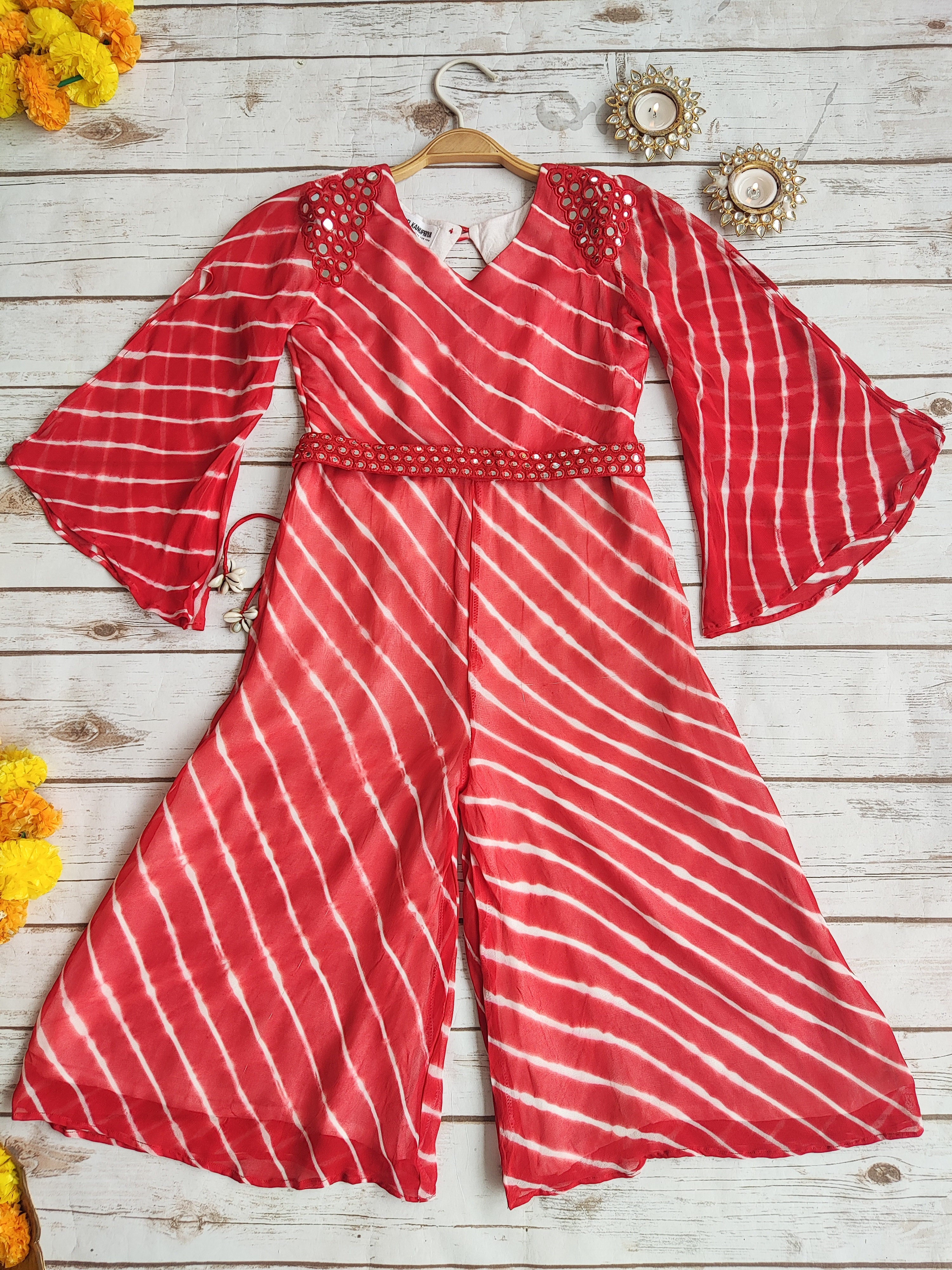 Red & White Leheriya Mirrorwork Jumpsuit with Mirrorwork Belt (KIDS)