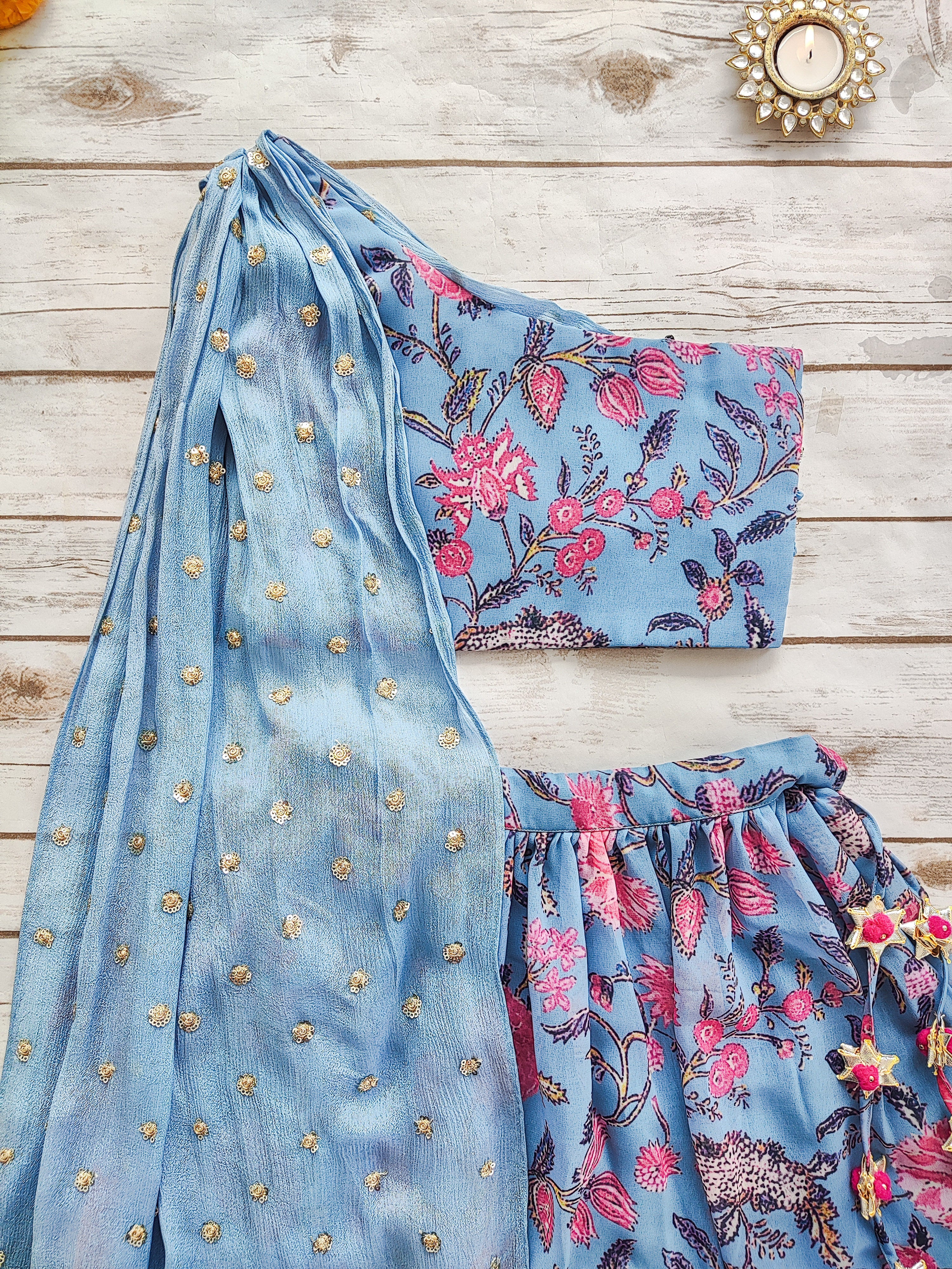 Greyish-Blue Floral Print Georgette Kid's Lehenga With One-Shoulder Blouse