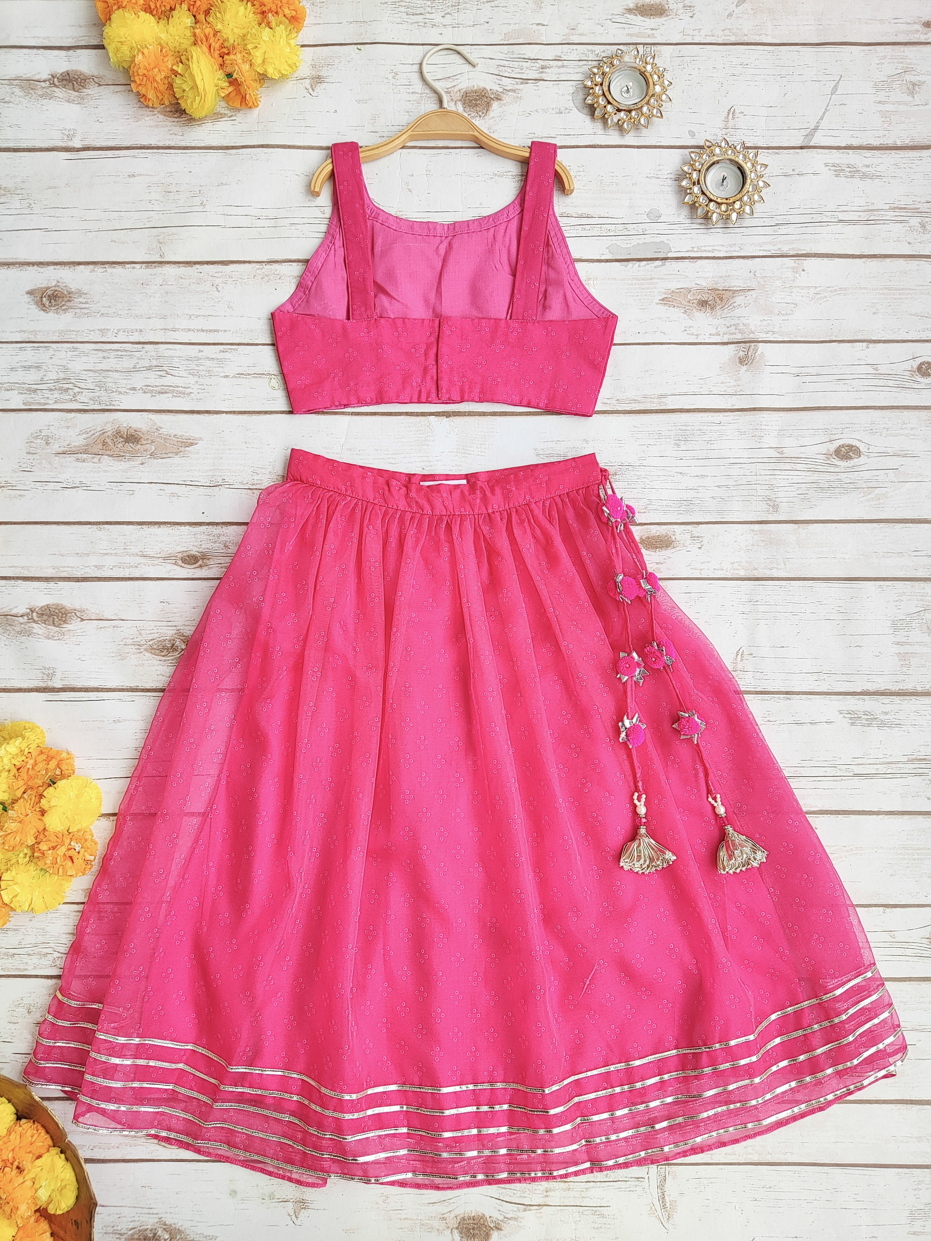 Rani Bandhej Organza Mirrorwork Kids Lehenga Set