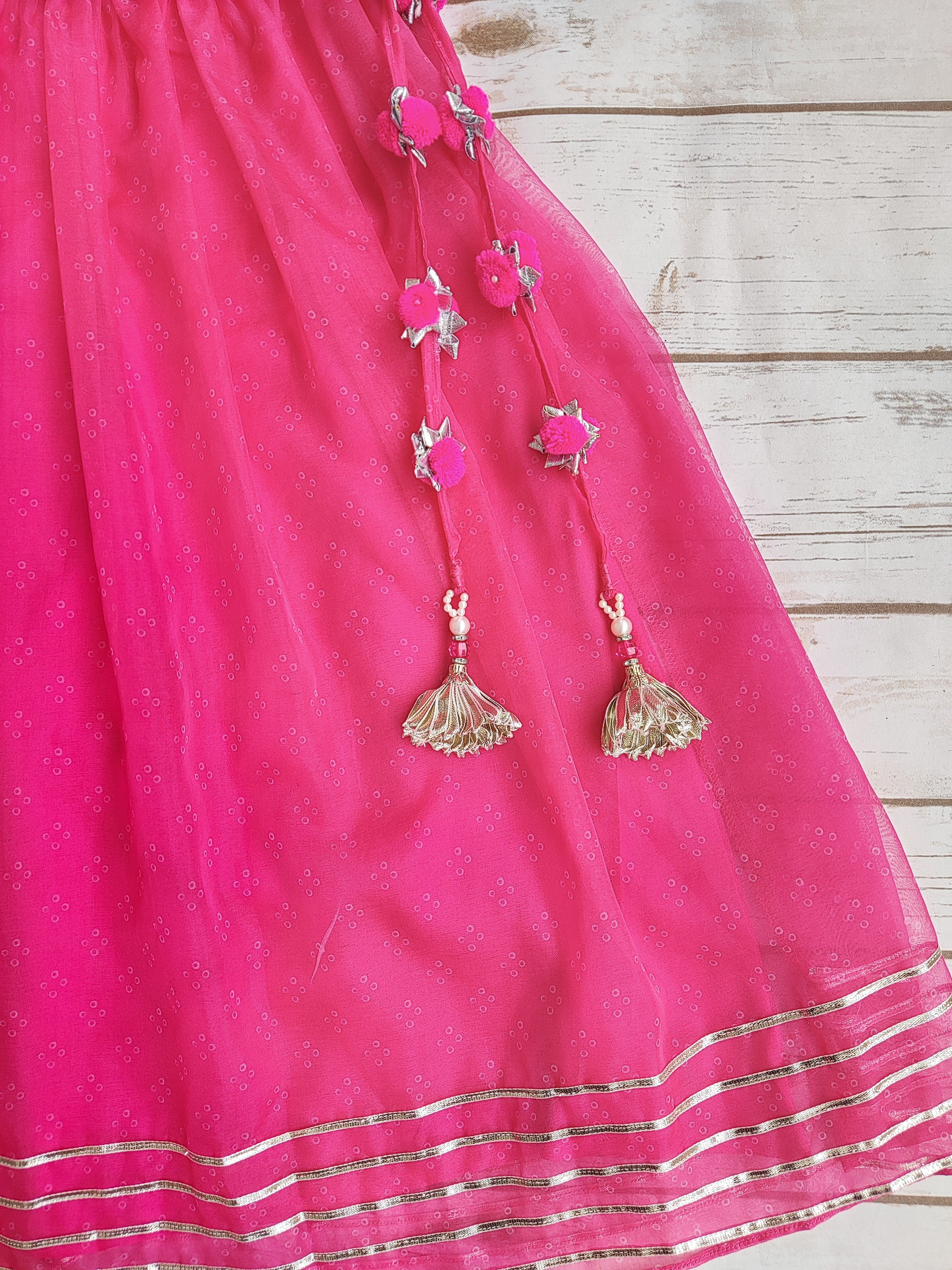Rani Bandhej Organza Mirrorwork Kids Lehenga Set