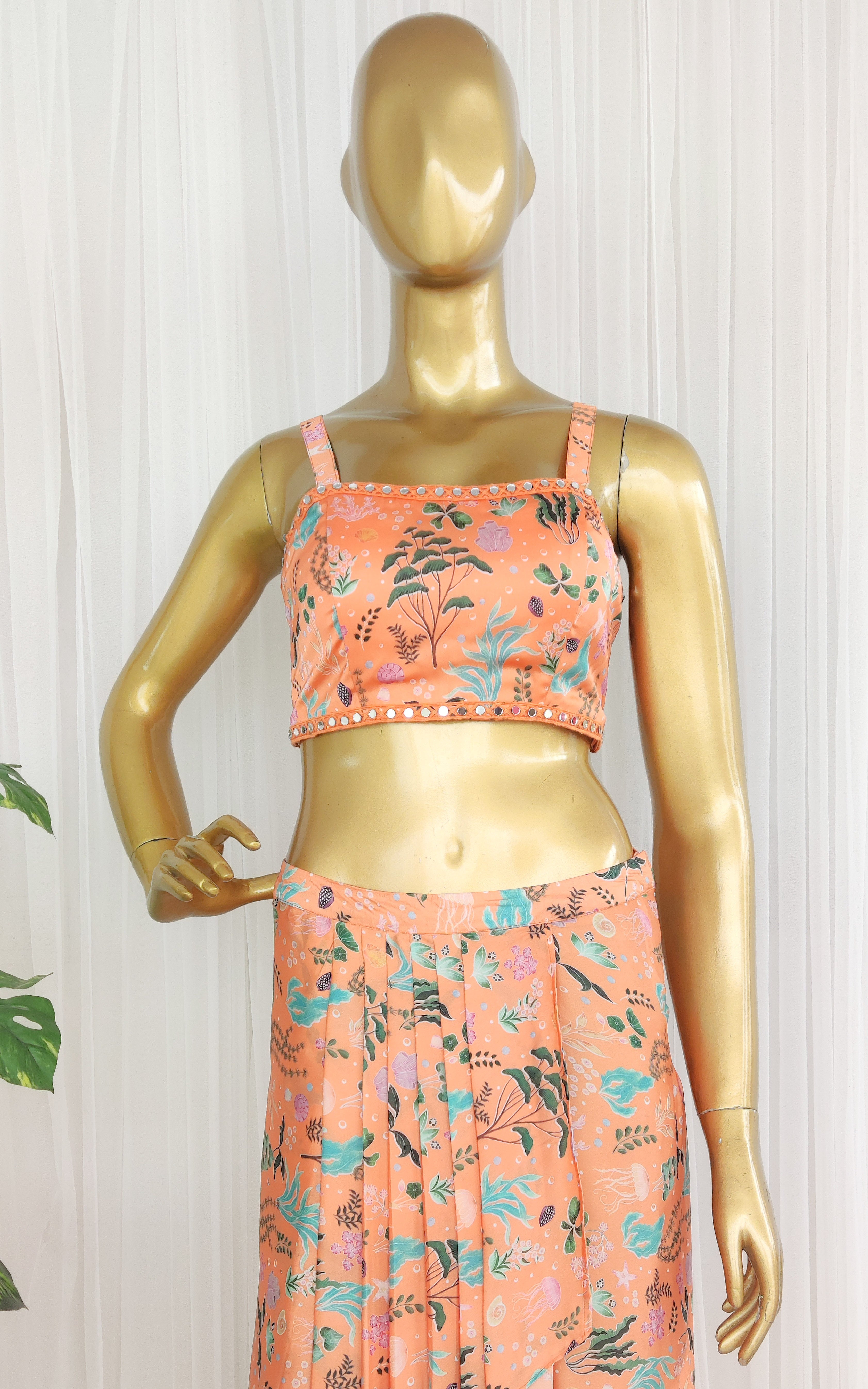Maggi Orange Aquatic Print Mirrorwork Crop Top & Draped Skirt Set
