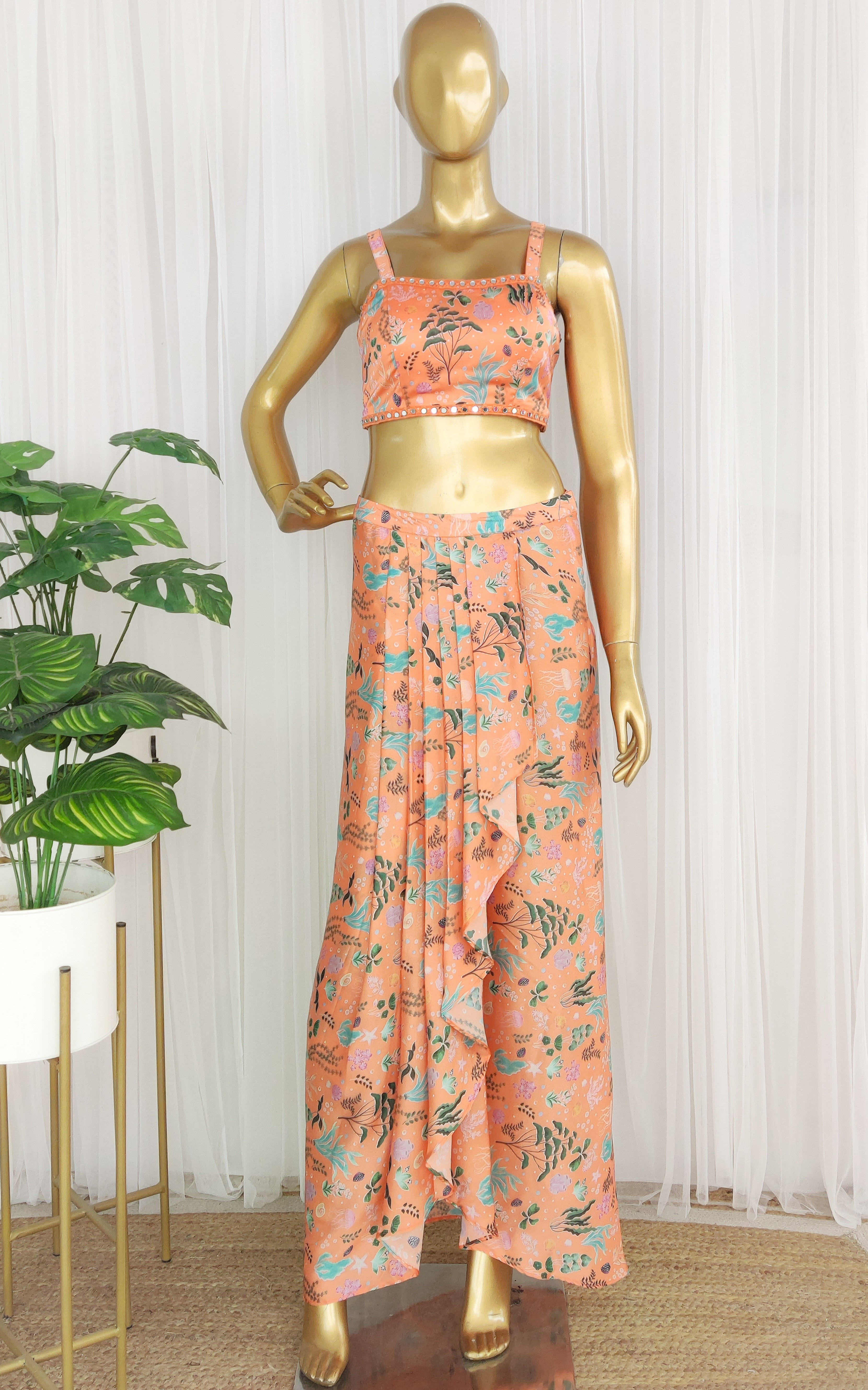 Maggi Orange Aquatic Print Mirrorwork Crop Top & Draped Skirt Set