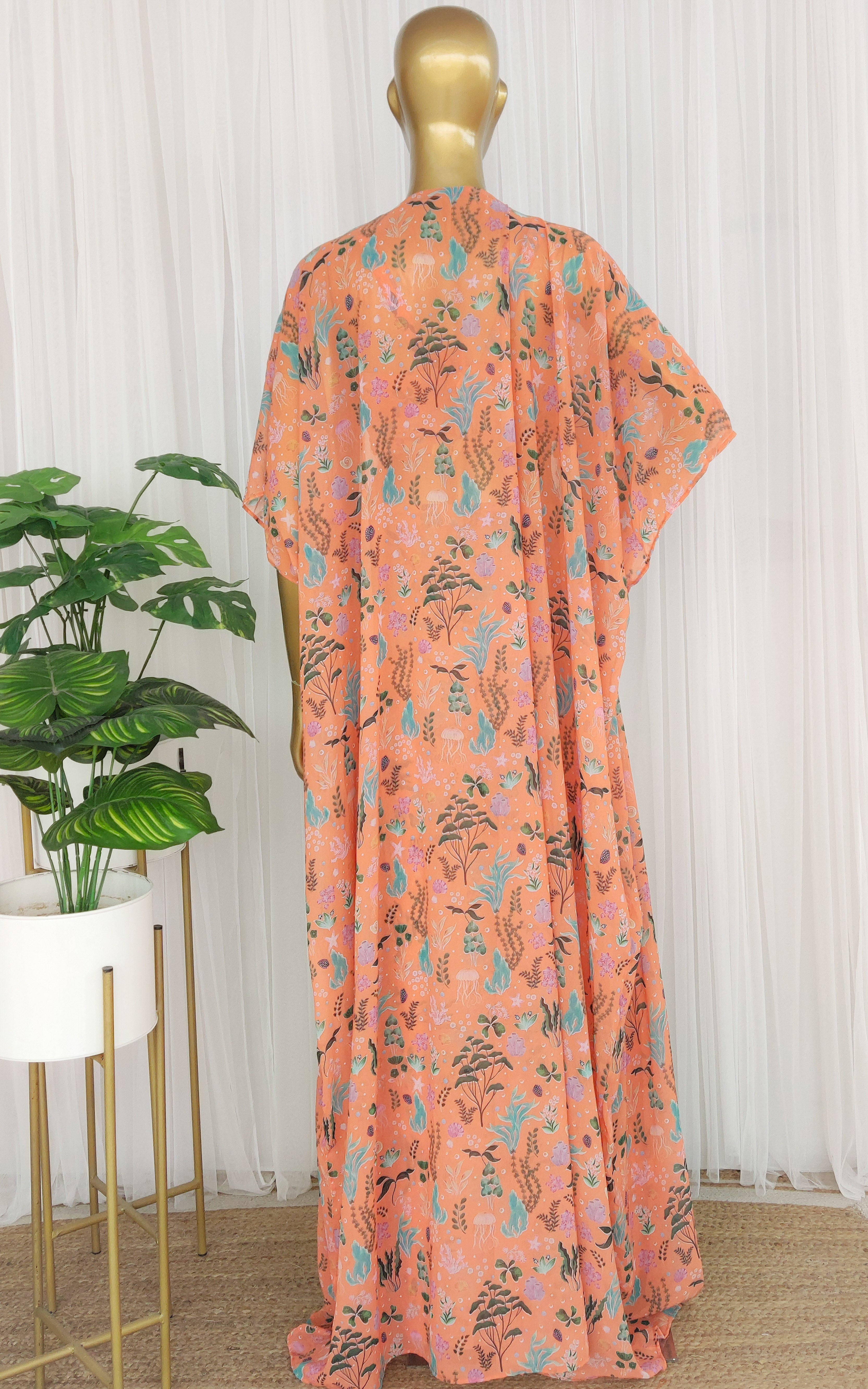 Maggi Orange Aquatic Print Mirrorwork Crop Top & Draped Skirt Set