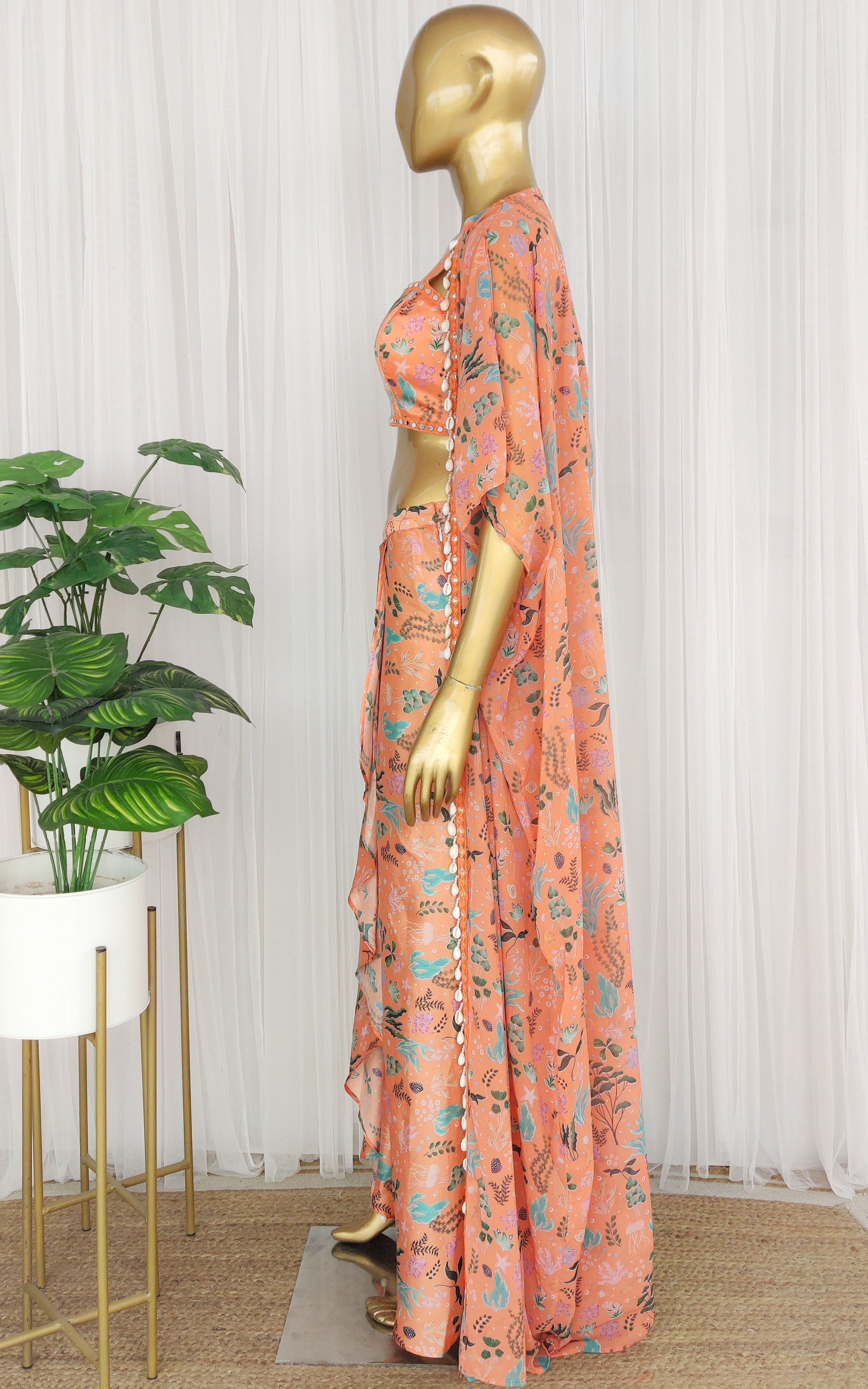 Maggi Orange Aquatic Print Mirrorwork Crop Top & Draped Skirt Set