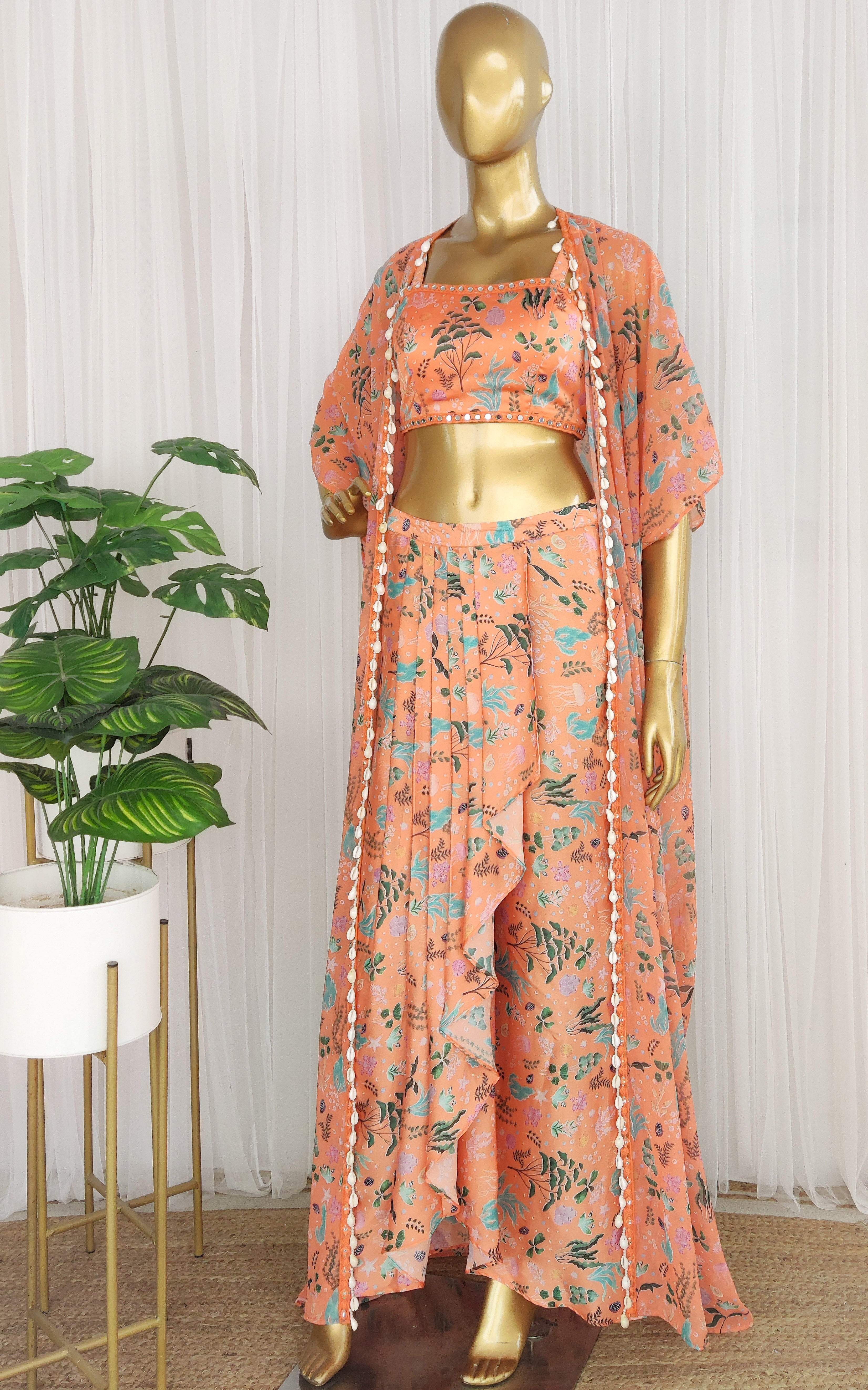 Maggi Orange Aquatic Print Mirrorwork Crop Top & Draped Skirt Set