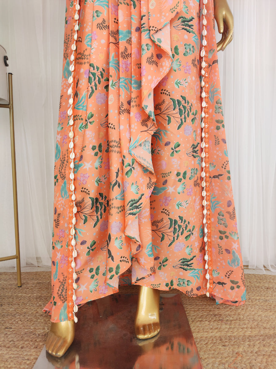 Maggi Orange Aquatic Print Mirrorwork Crop Top & Draped Skirt Set