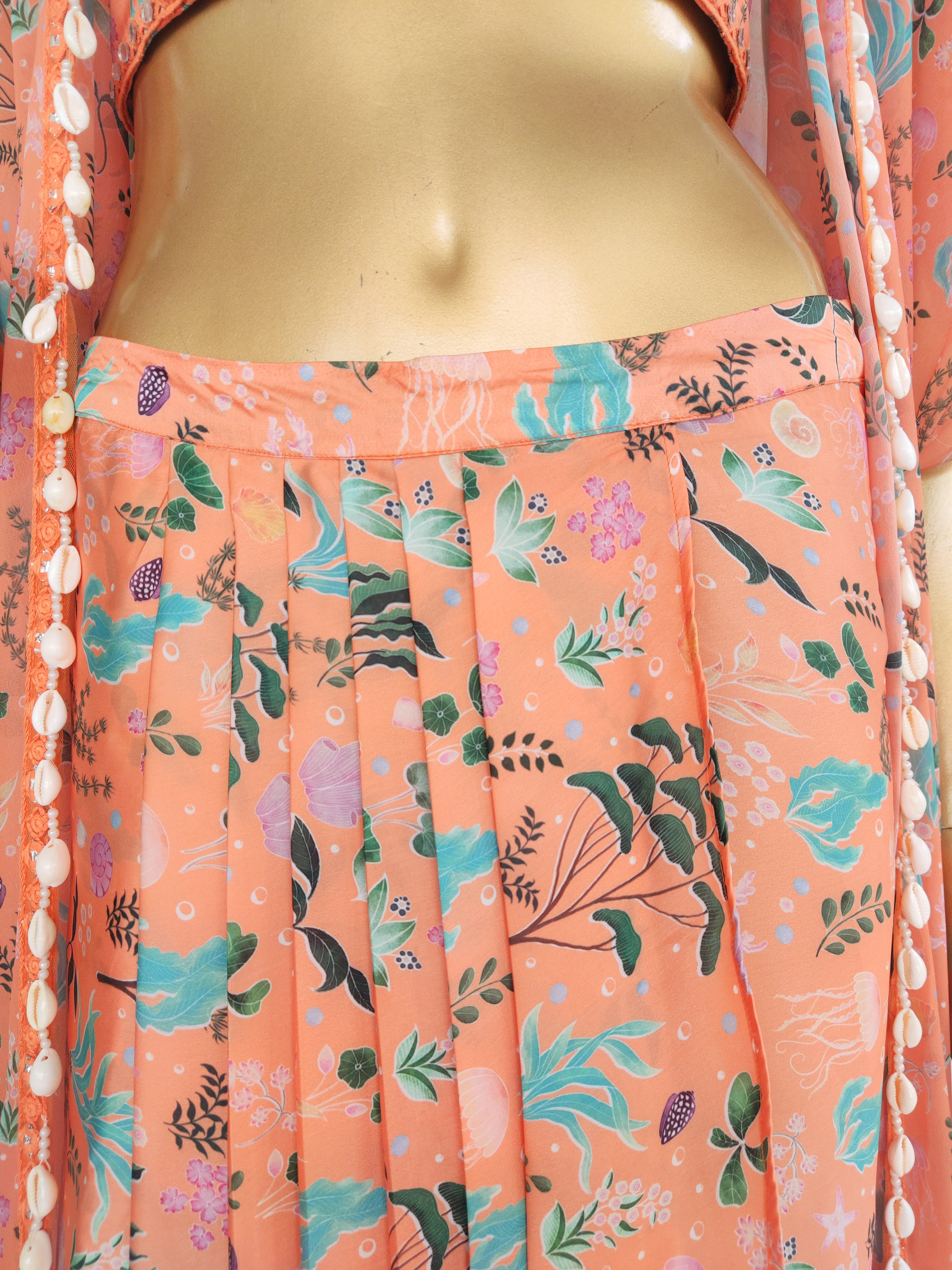 Maggi Orange Aquatic Print Mirrorwork Crop Top & Draped Skirt Set