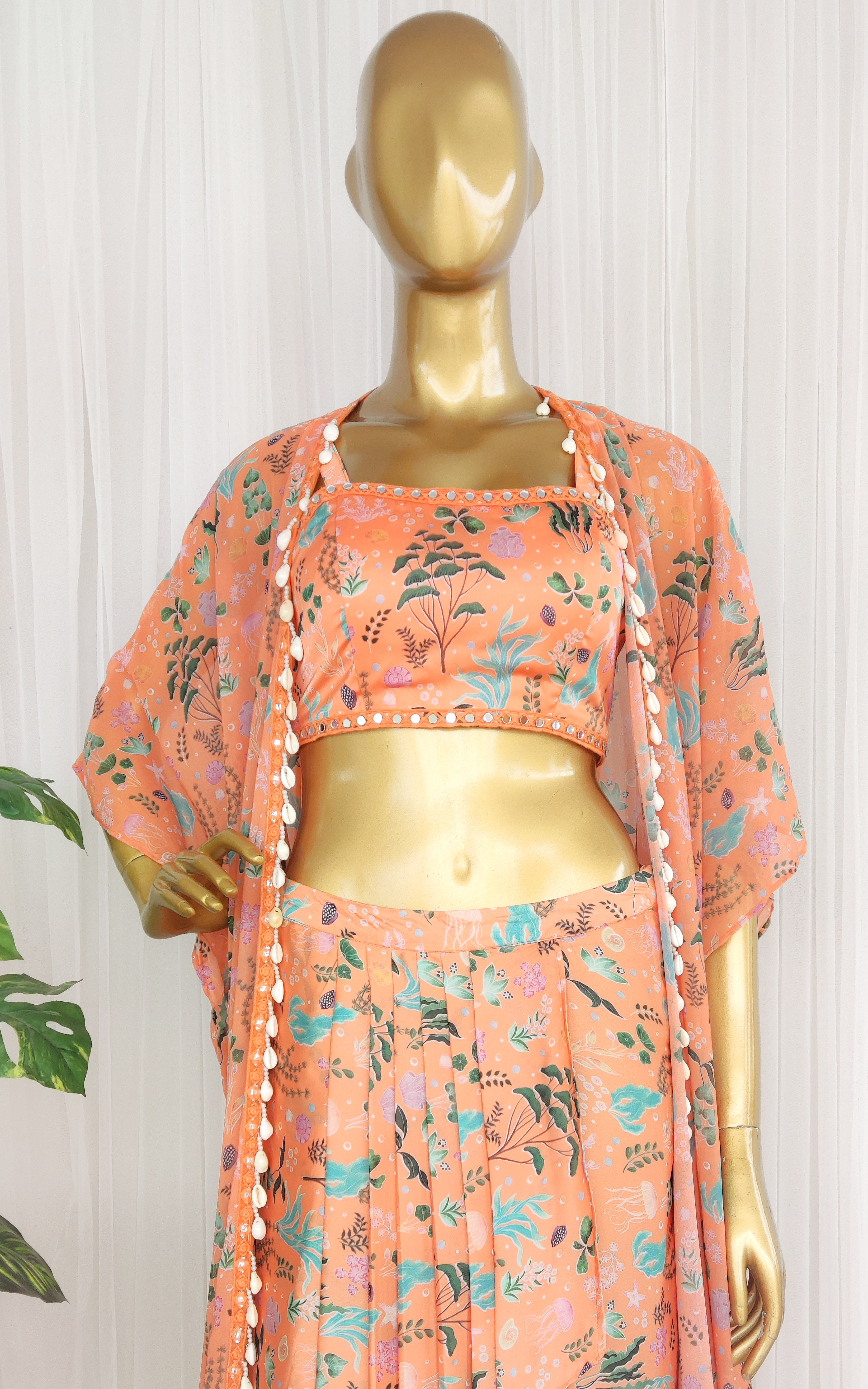 Maggi Orange Aquatic Print Mirrorwork Crop Top & Draped Skirt Set