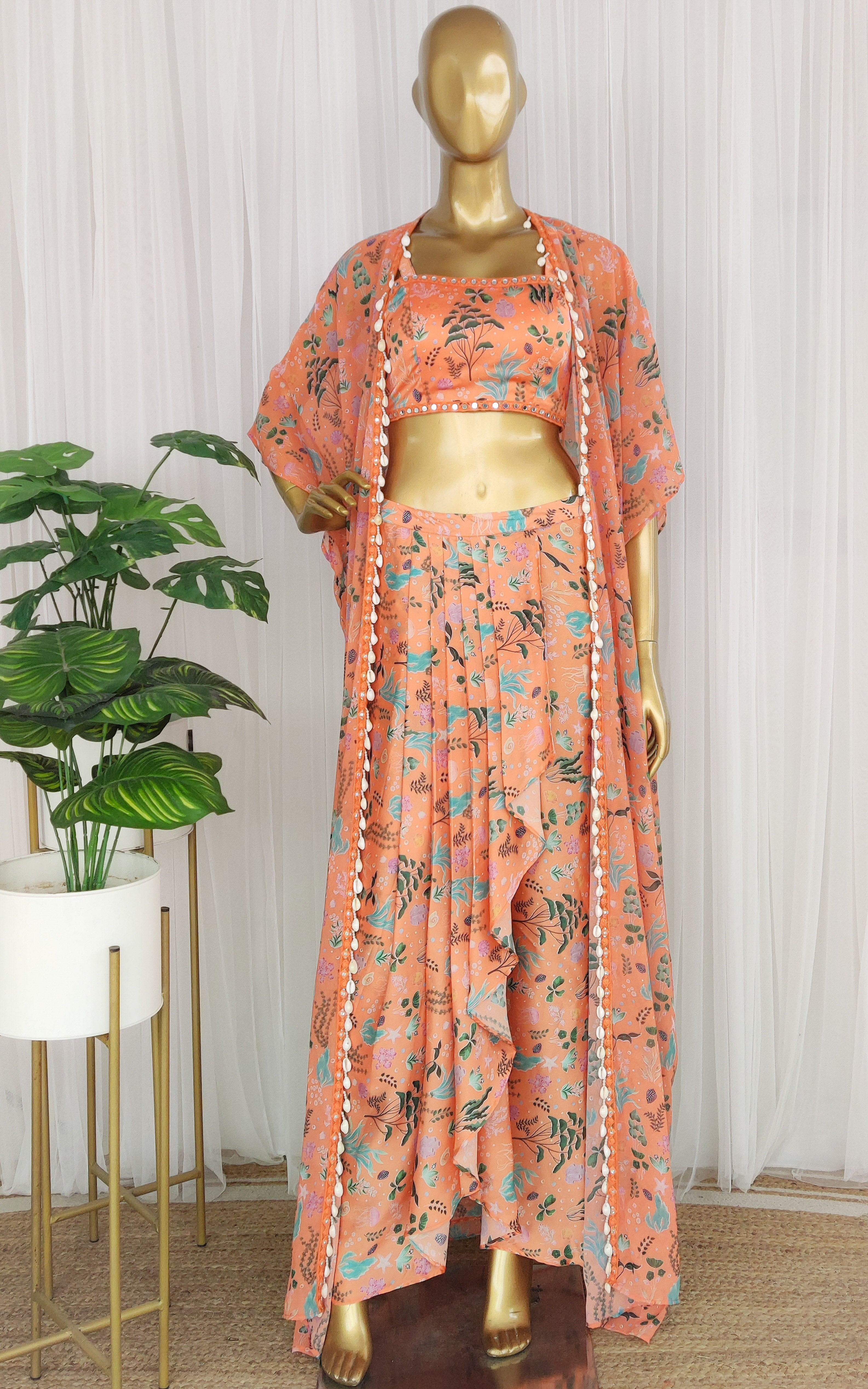 Maggi Orange Aquatic Print Mirrorwork Crop Top & Draped Skirt Set