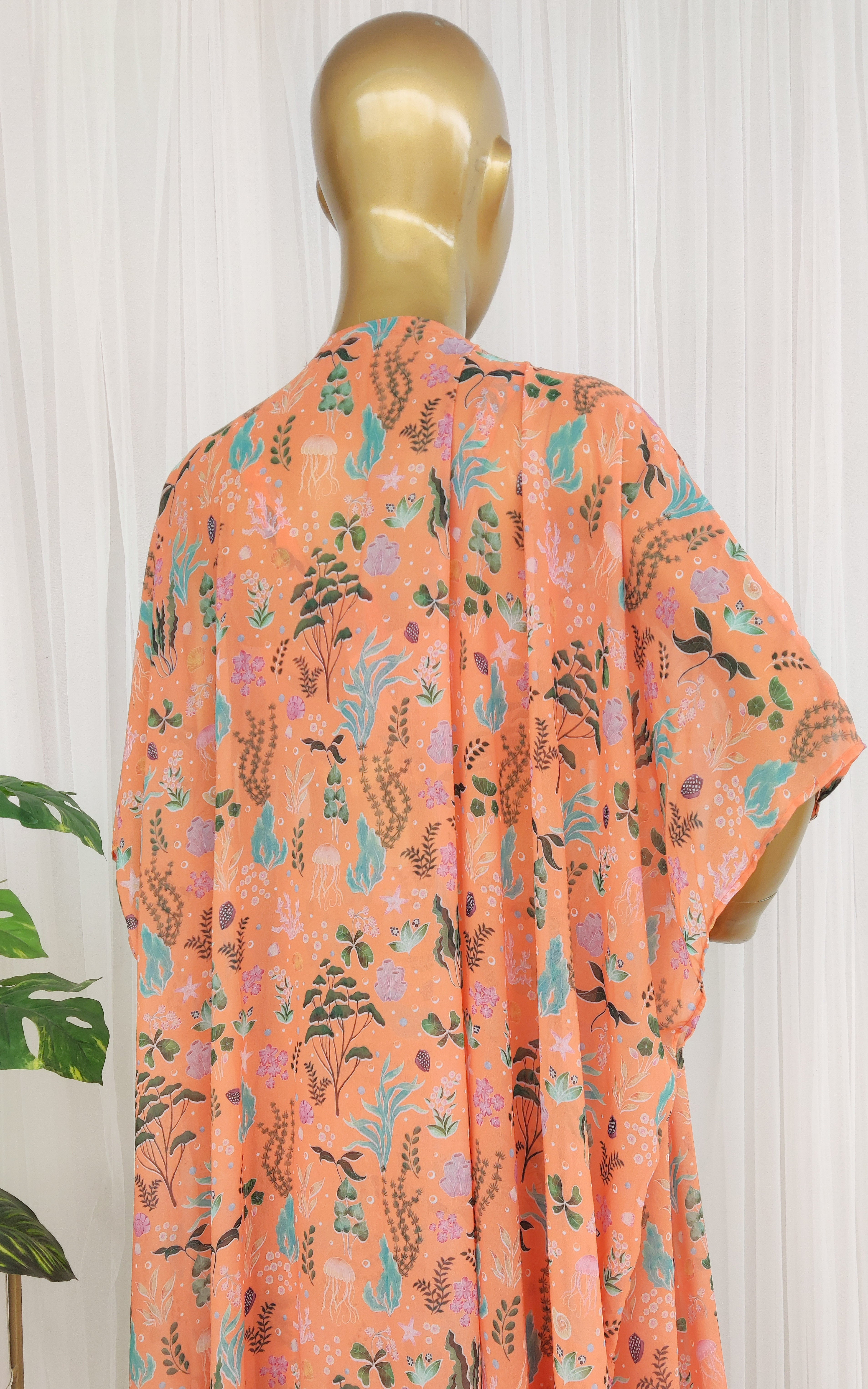 Maggi Orange Aquatic Print Mirrorwork Crop Top & Draped Skirt Set