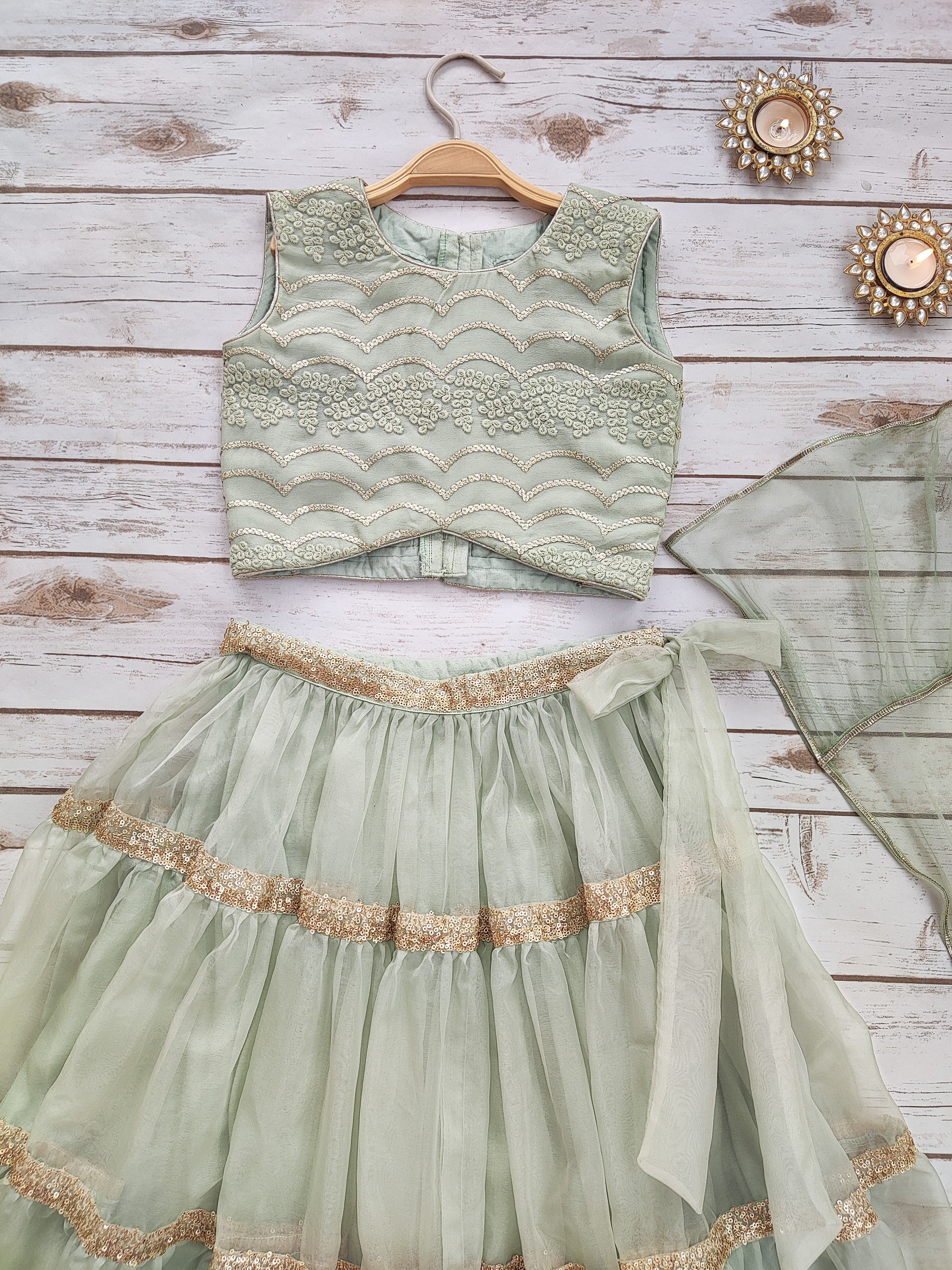 Sea Green Kid's Sequinwork Organza Lehenga