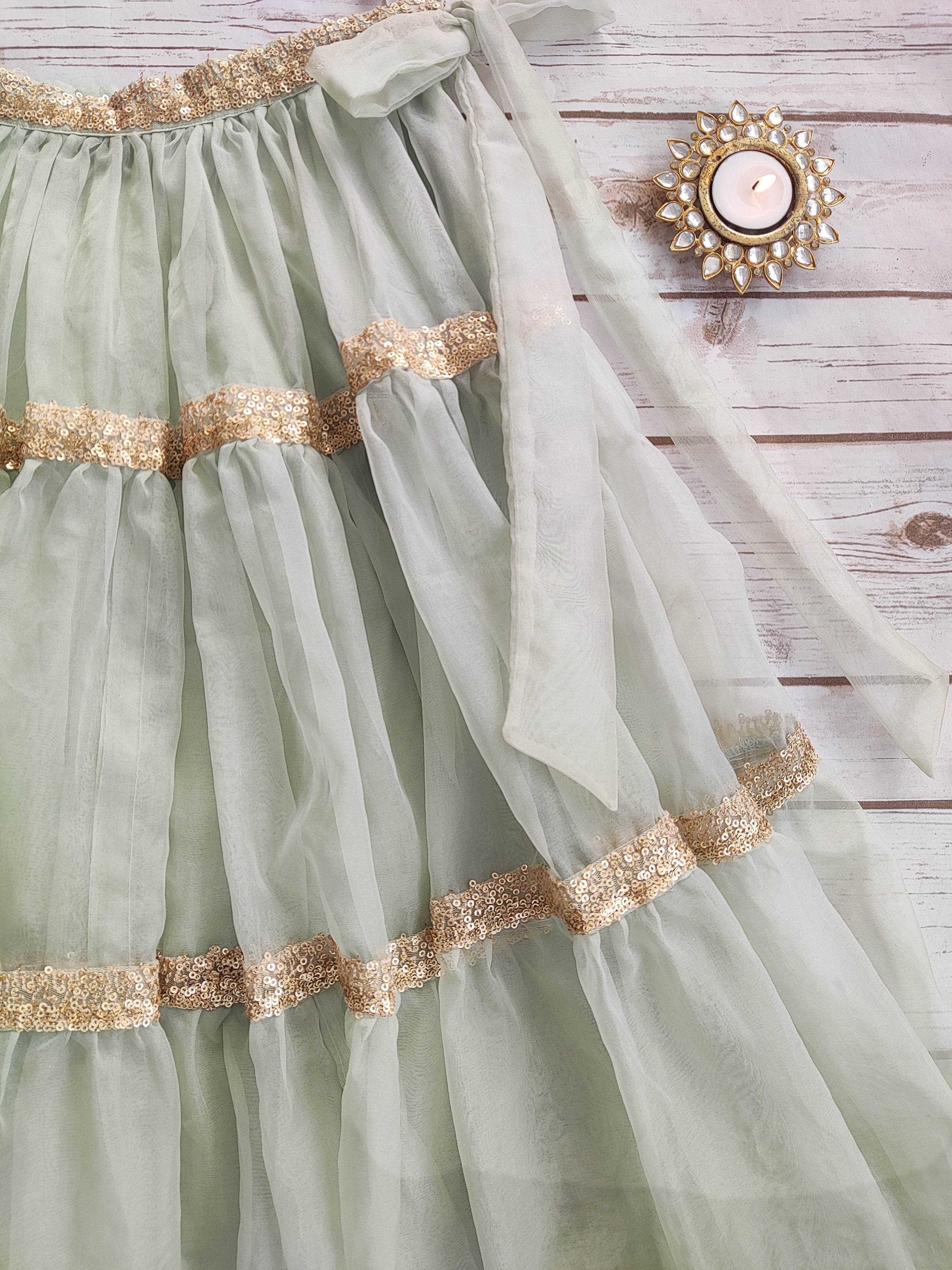 Sea Green Kid's Sequinwork Organza Lehenga