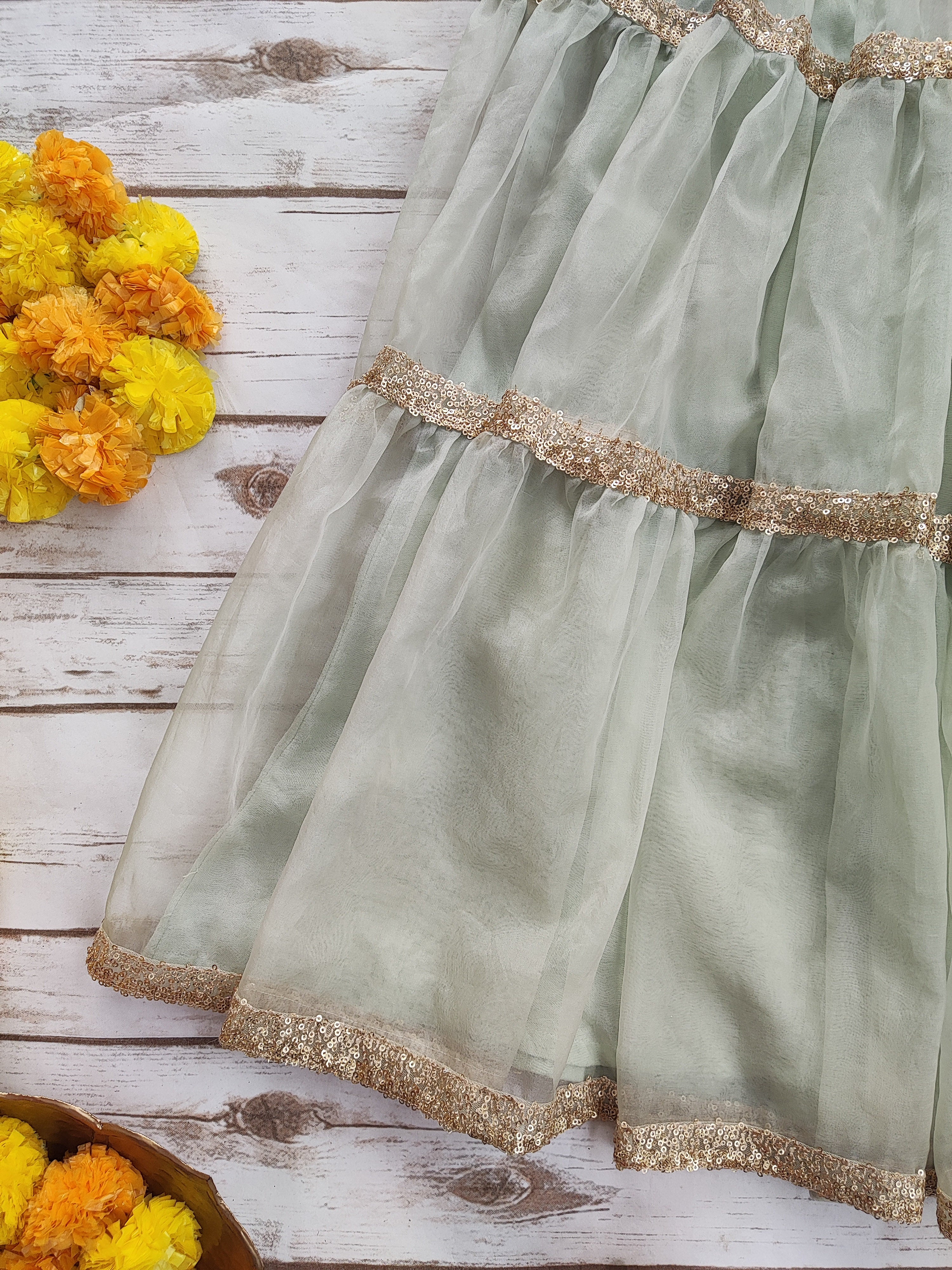 Sea Green Kid's Sequinwork Organza Lehenga