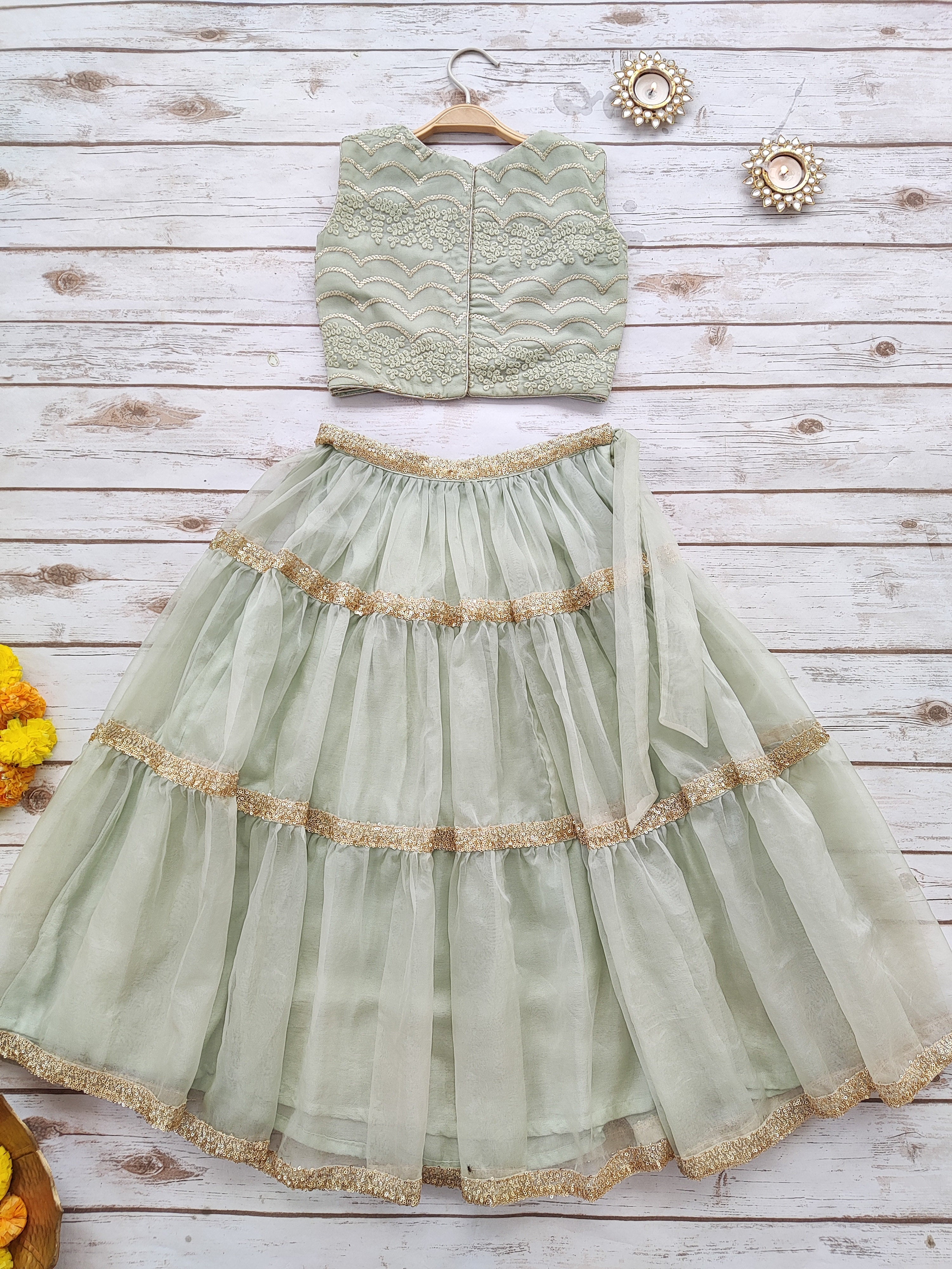 Sea Green Kid's Sequinwork Organza Lehenga