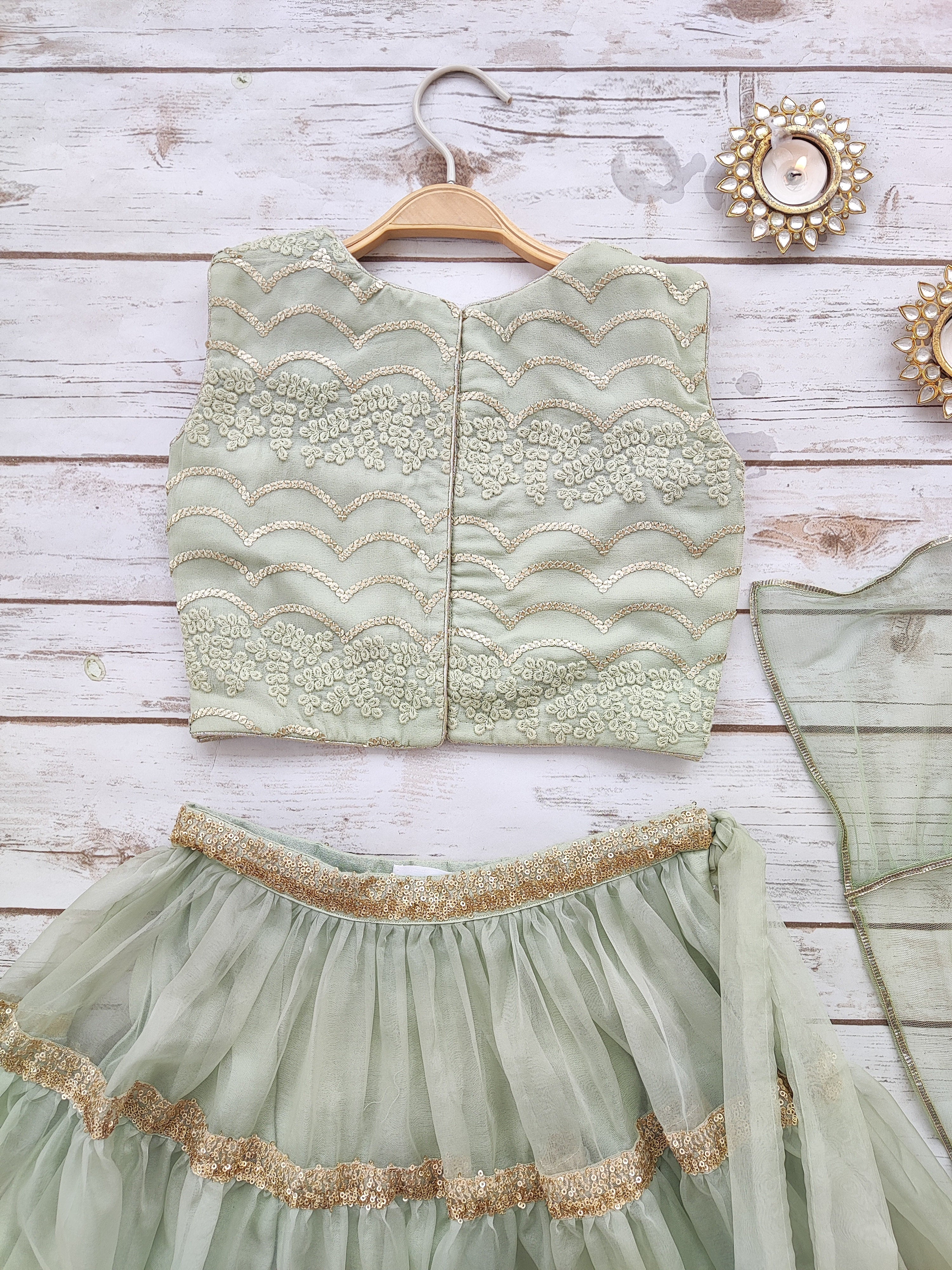 Sea Green Kid's Sequinwork Organza Lehenga