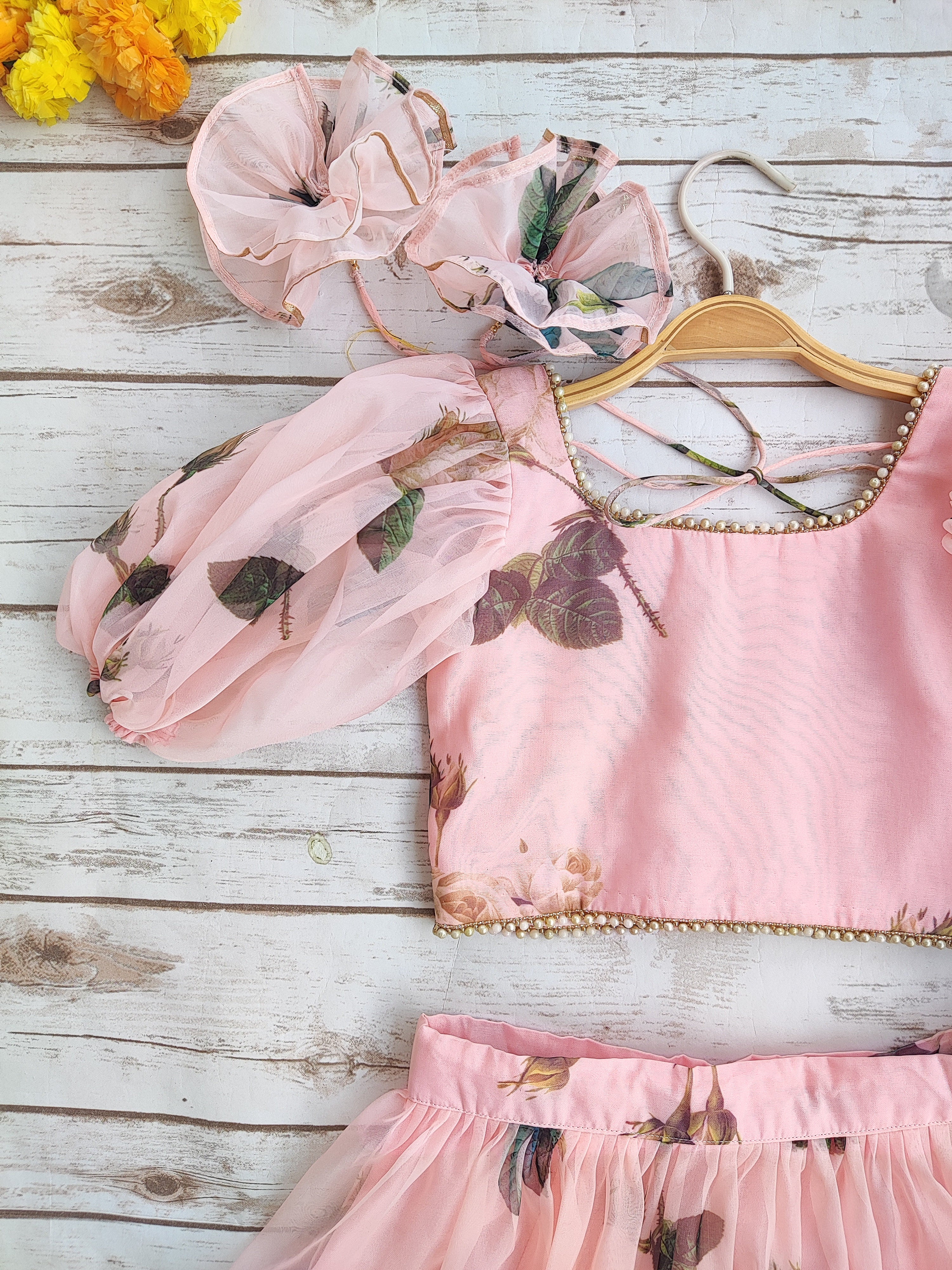 Peach Floral Organza Kids Lehenga