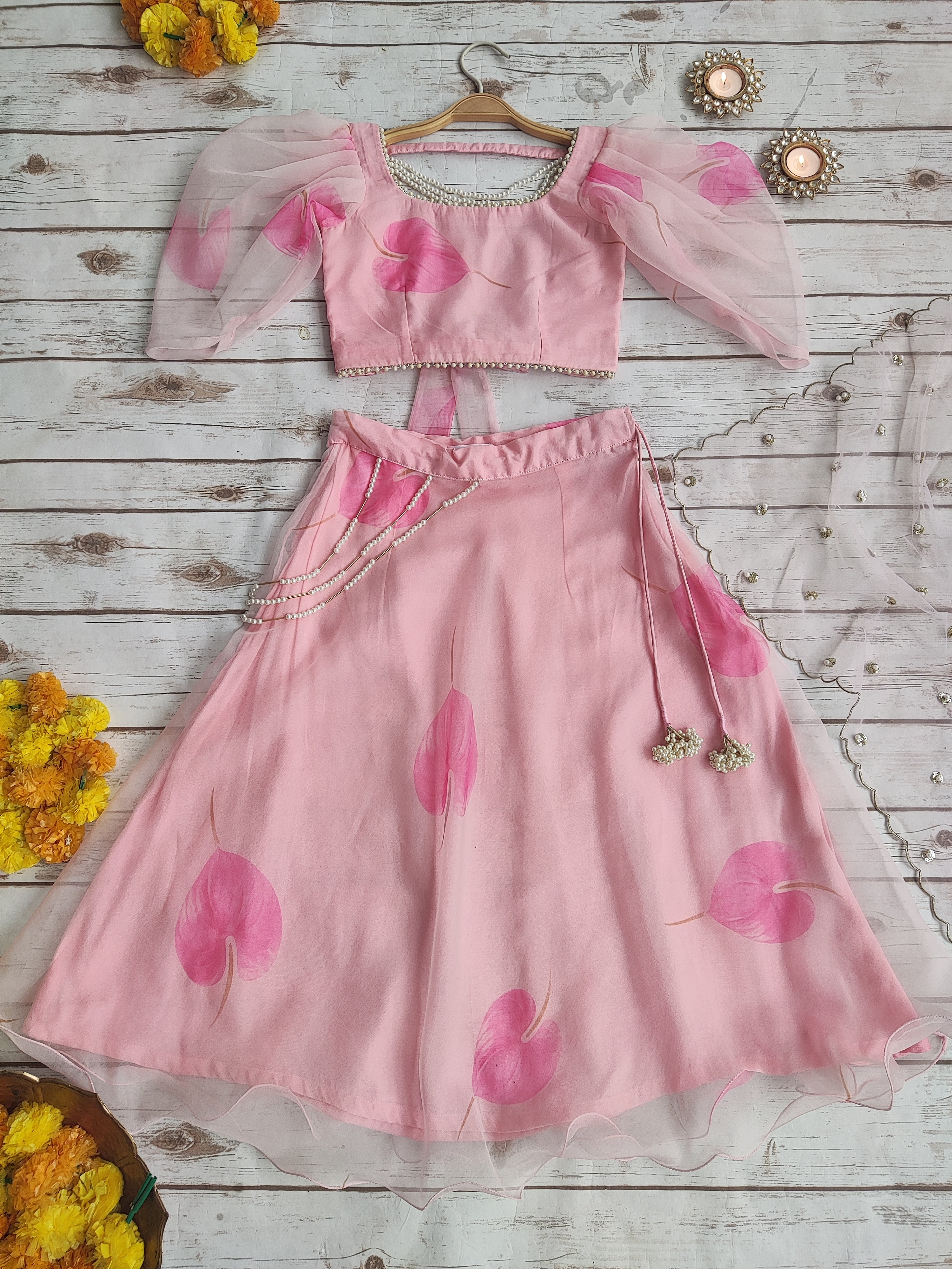 Pink Petal Pearl Work Kid's Lehenga